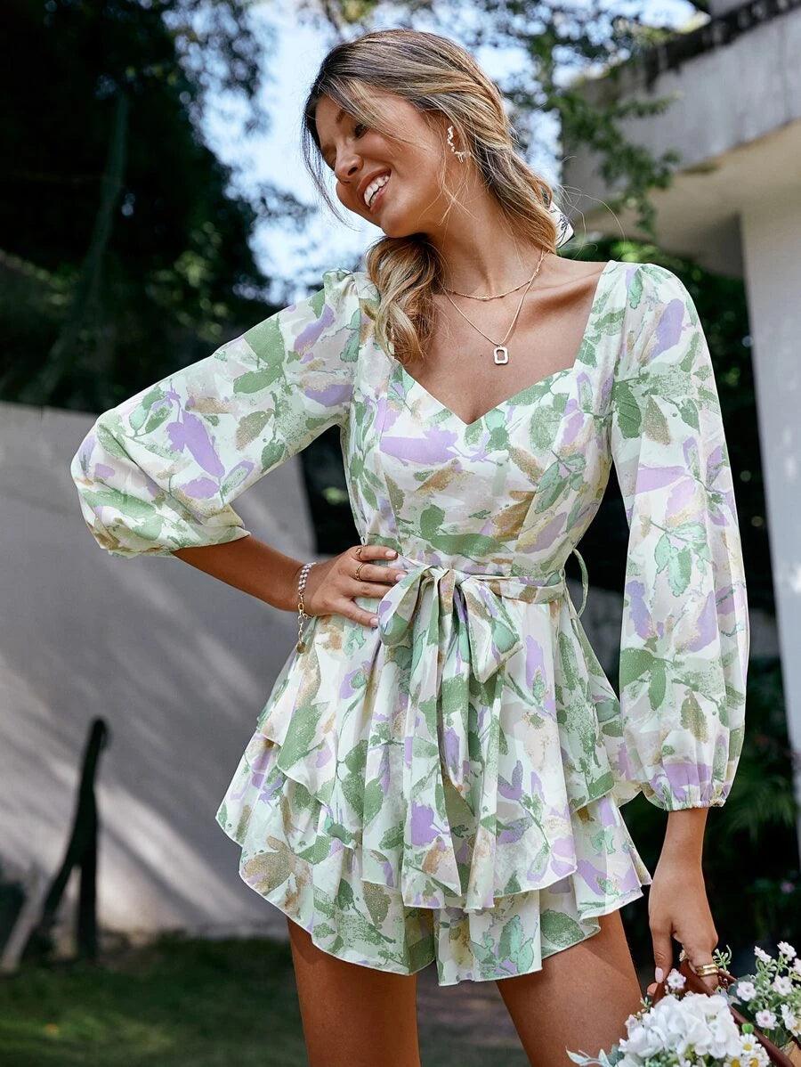 Simplee Floral Print Lantern Sleeve Belted Layered Ruffle Romper-Comfy Jumpsuits