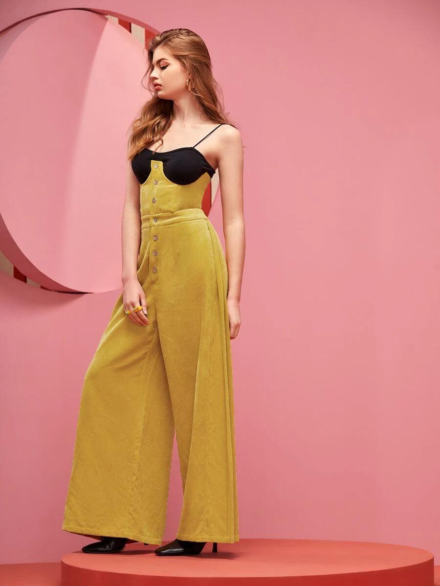 Front Button Cord Jumpsuit-Comfy Jumpsuits