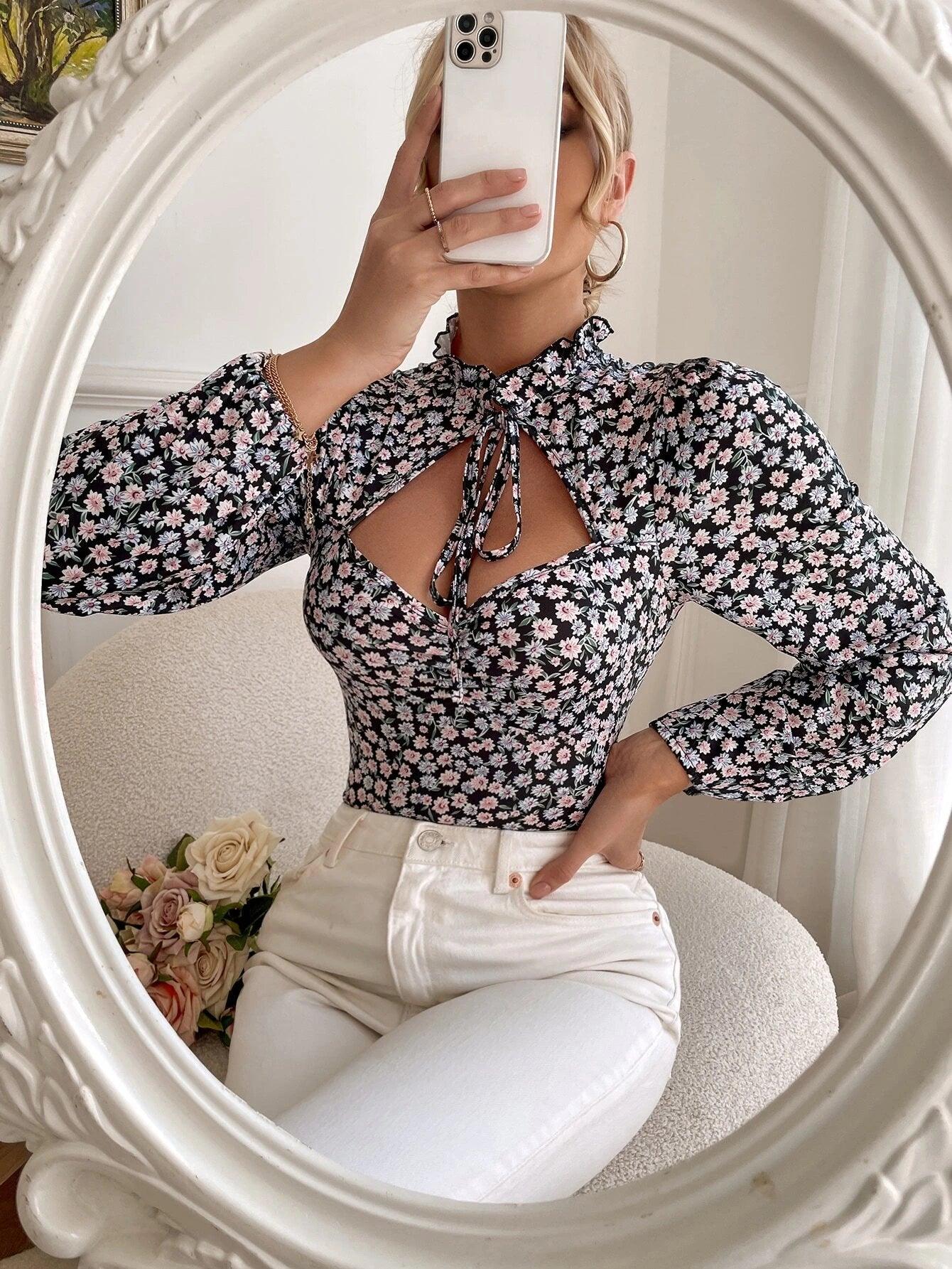 Floral Tie Neck Lantern Sleeve Bodysuit-Comfy Jumpsuits