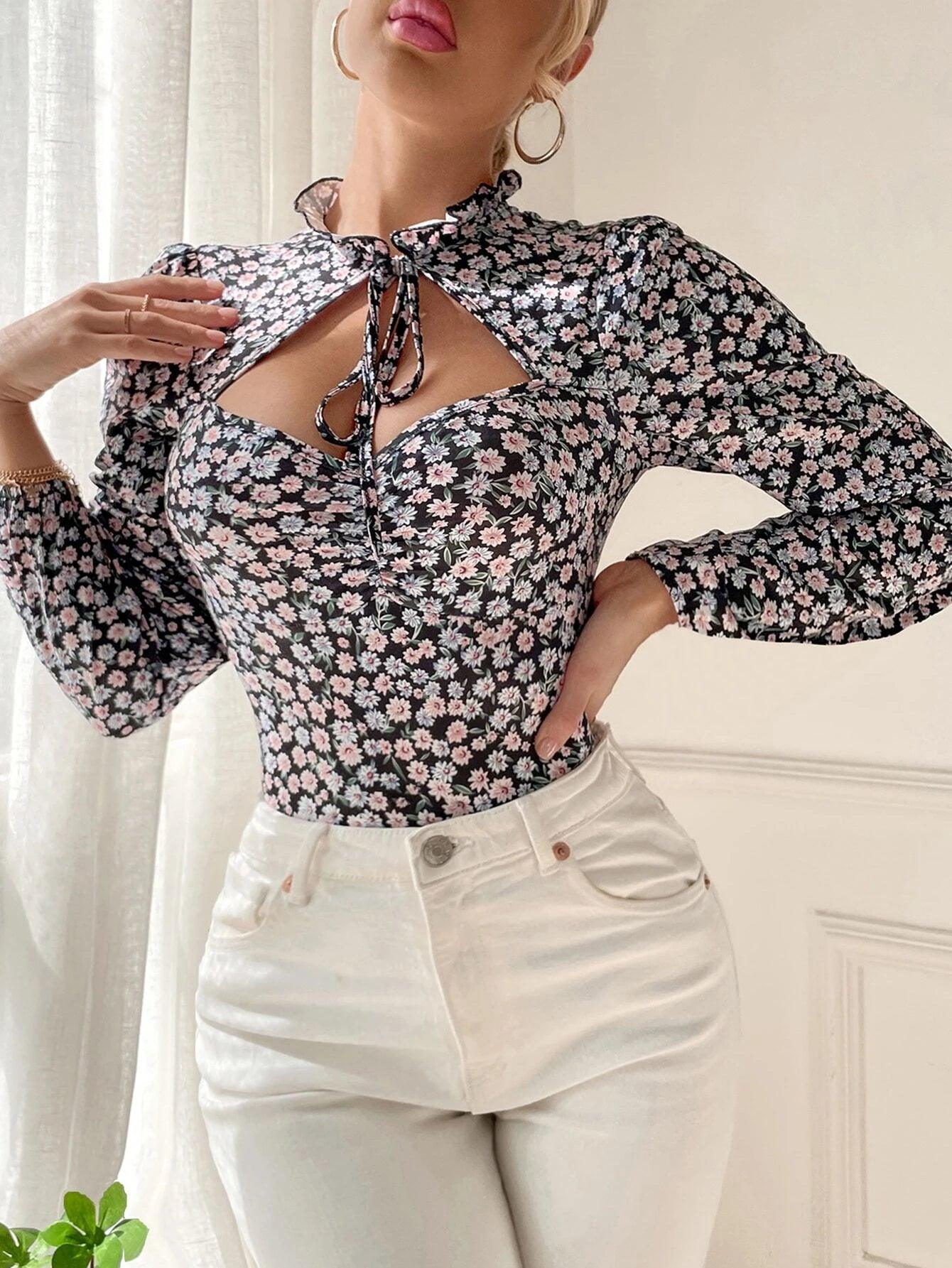 Floral Tie Neck Lantern Sleeve Bodysuit-Comfy Jumpsuits