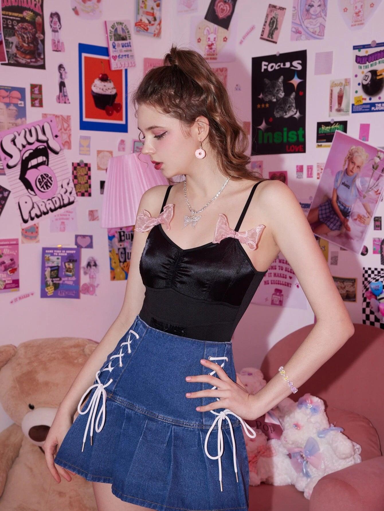 Satin Bow Lace Up Cami Bodysuit-Comfy Jumpsuits