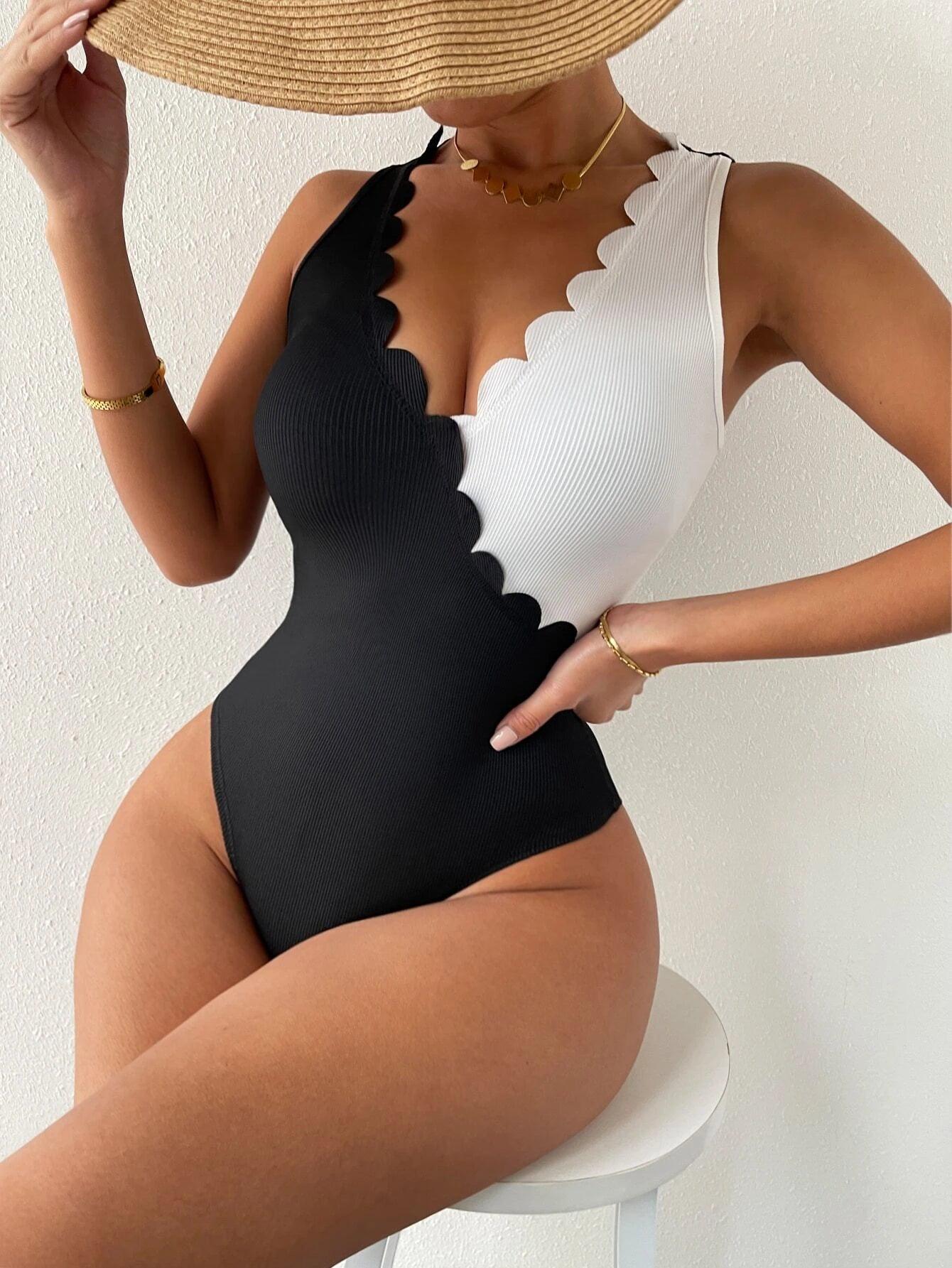 Scallop Trim Rib Knit Bodysuit-Comfy Jumpsuits