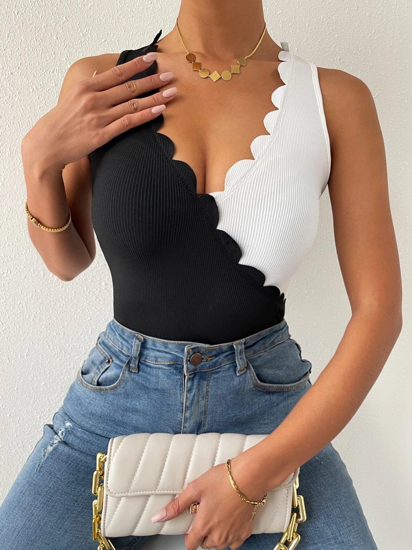 Scallop Trim Rib Knit Bodysuit-Comfy Jumpsuits