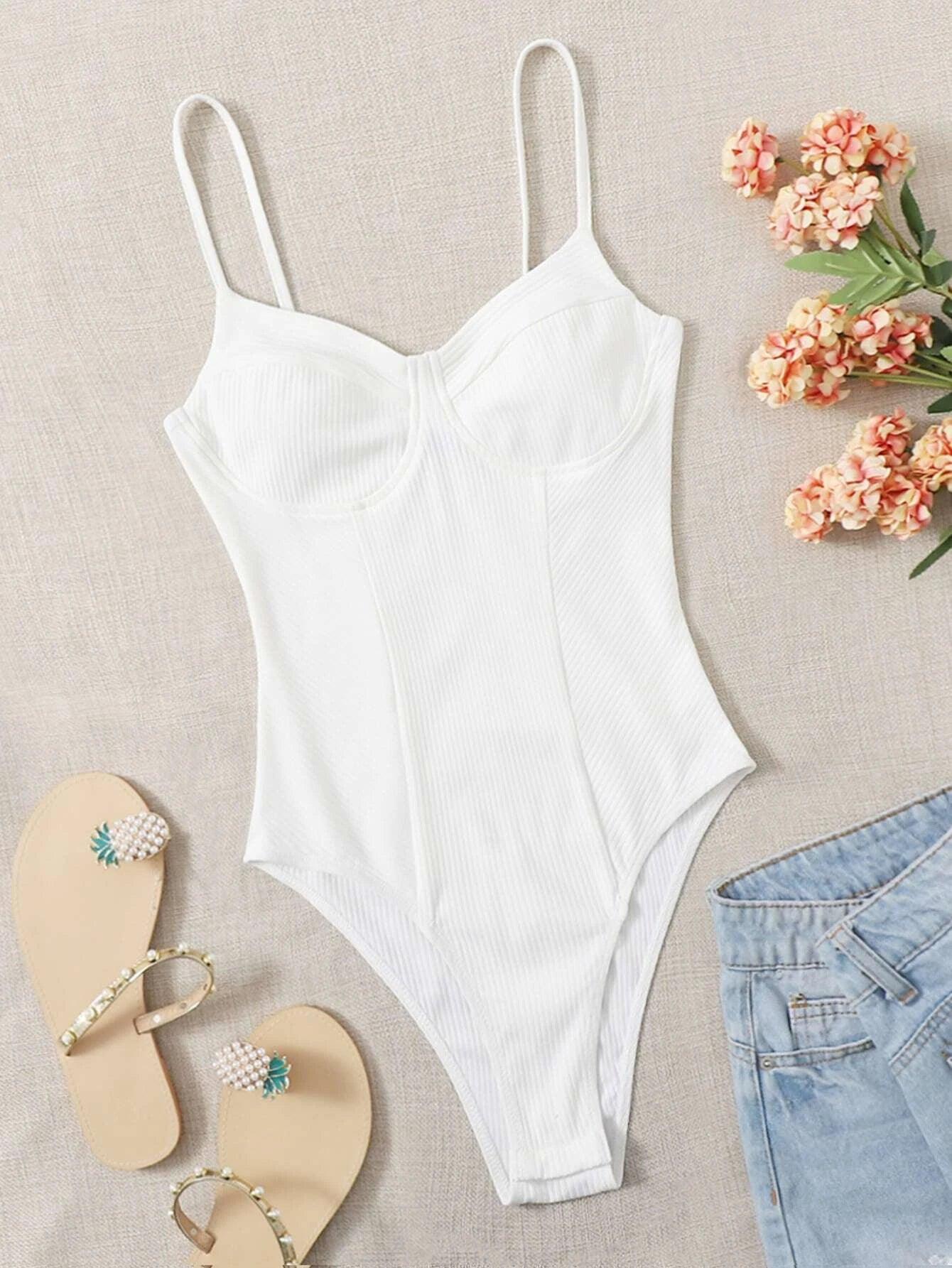 Sleeveless Colored Rib-Knit Bodysuit-Comfy Jumpsuits