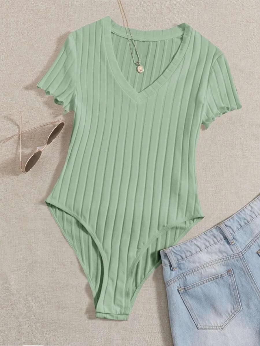Casual Lettuce Trim Rib Knit Bodysuit-Comfy Jumpsuits