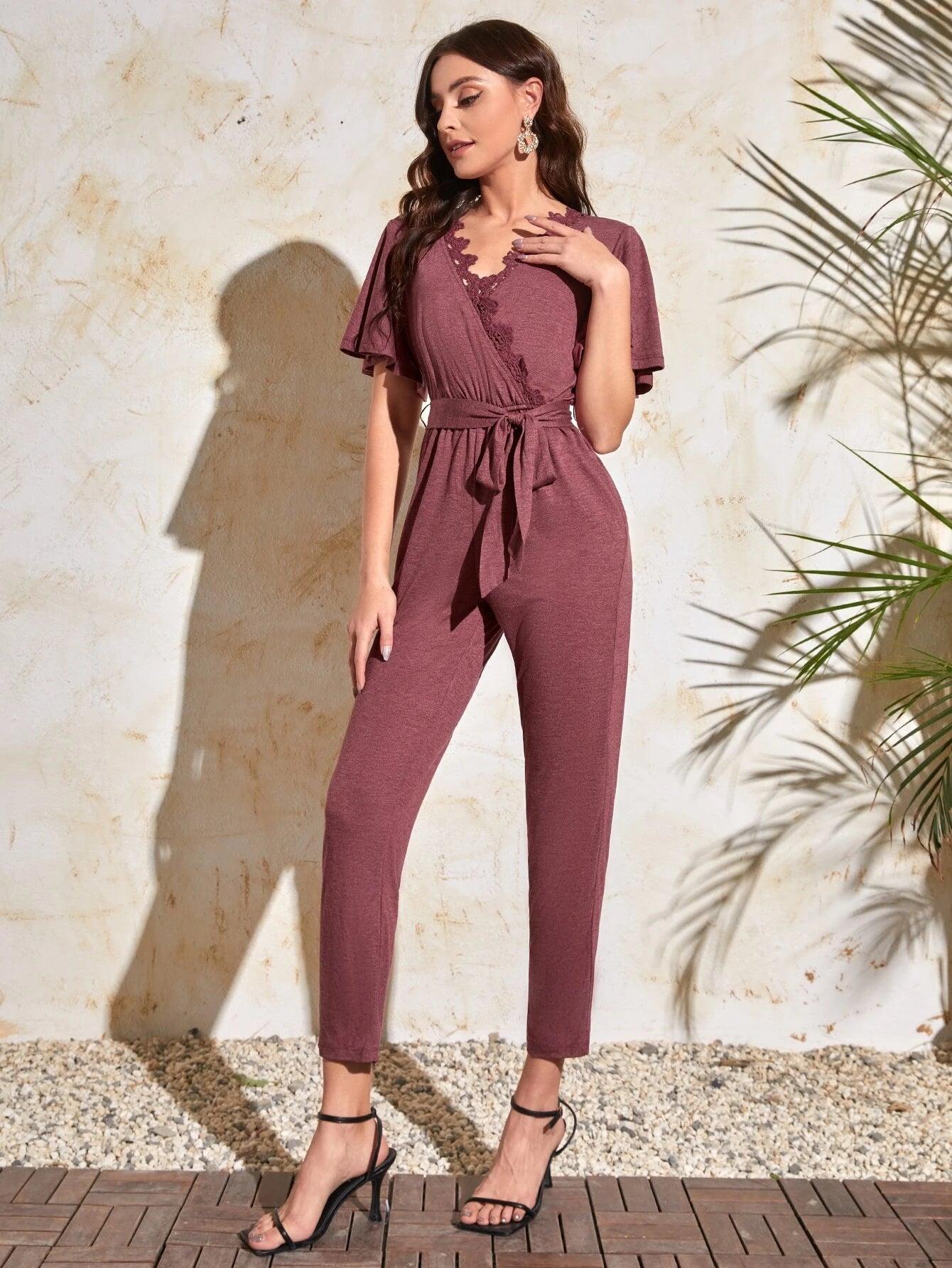 Lace Trim Butterfly Sleeve Surplice Neck Jumpsuit-Comfy Jumpsuits