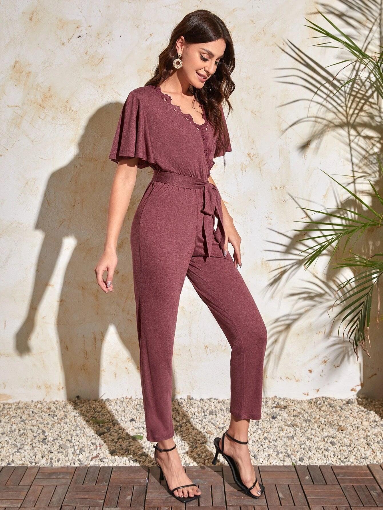 Lace Trim Butterfly Sleeve Surplice Neck Jumpsuit-Comfy Jumpsuits