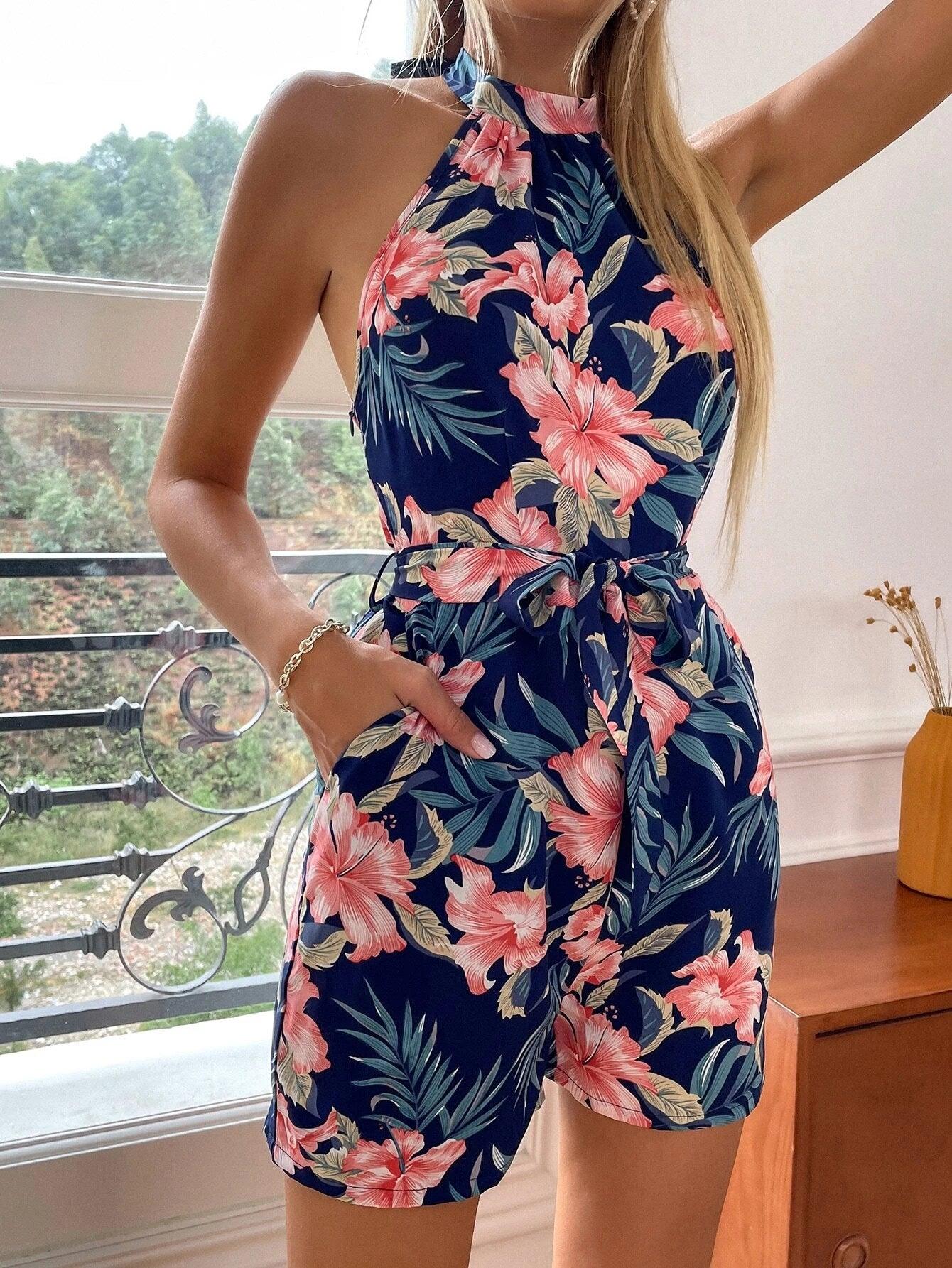 Floral Printed Tie Back Romper-Comfy Jumpsuits