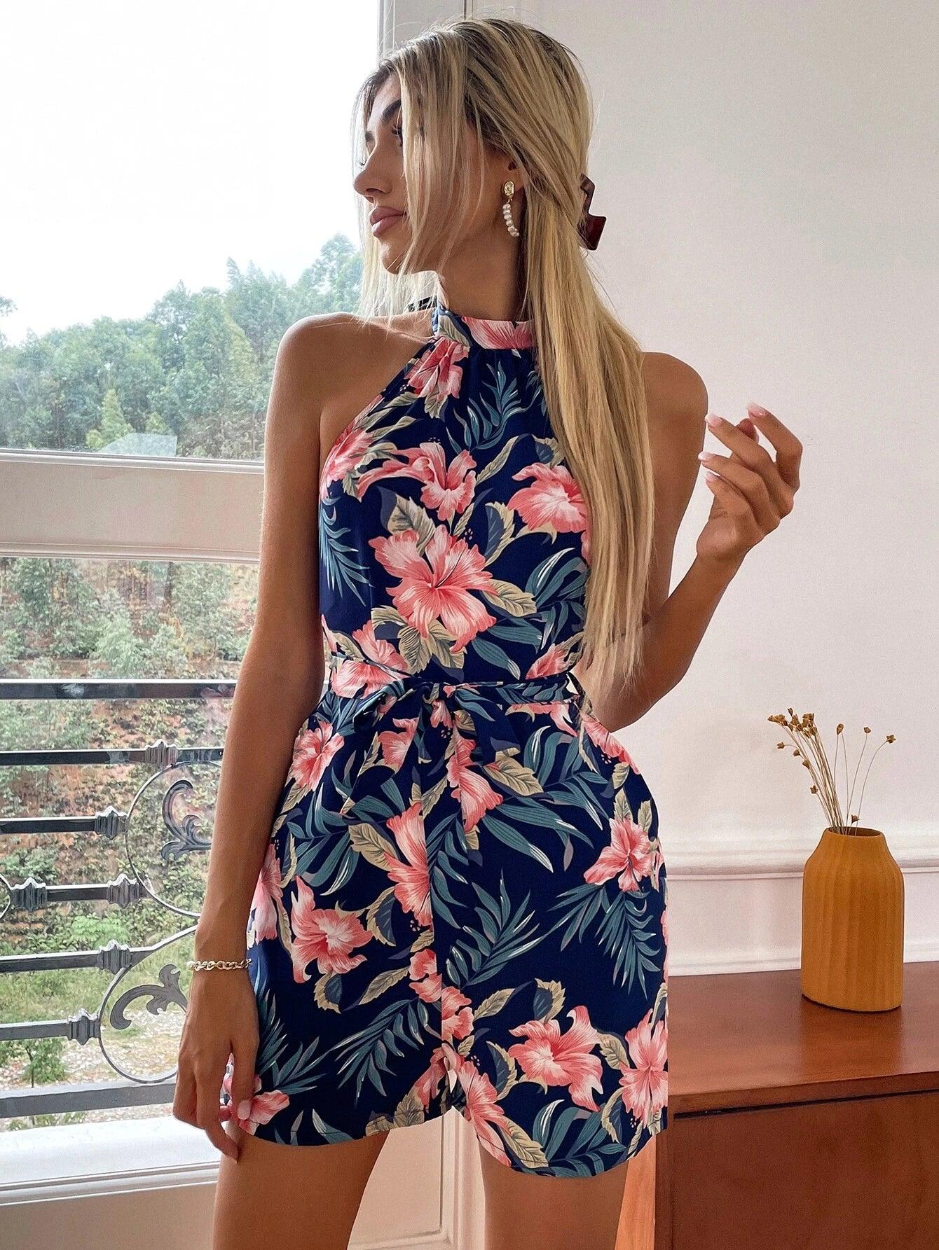 Floral Printed Tie Back Romper-Comfy Jumpsuits