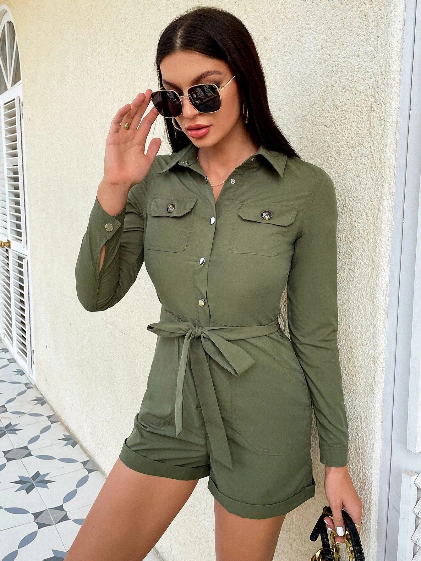 Pocket Roll Up Hem Belted Shirt Romper-Comfy Jumpsuits