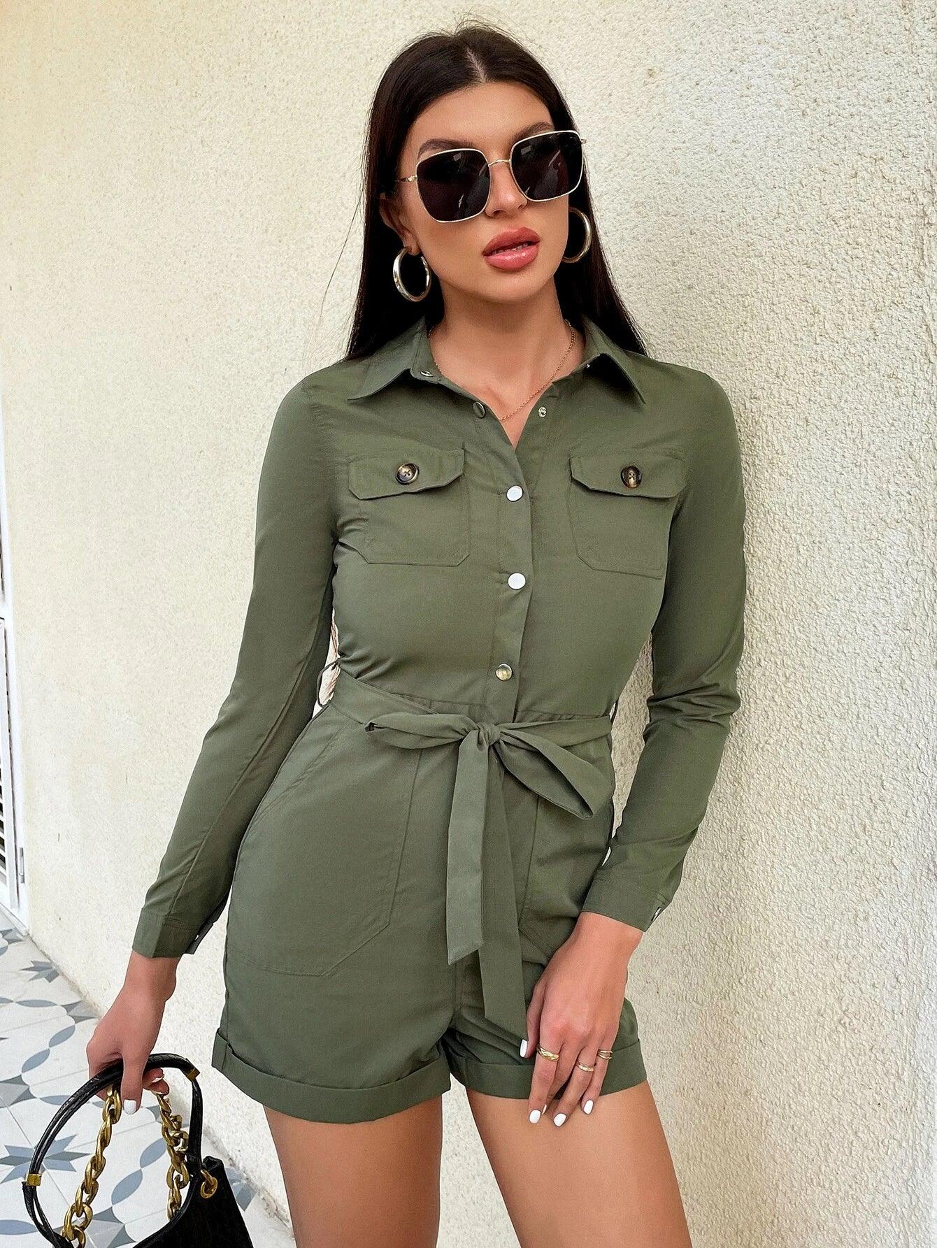 Pocket Roll Up Hem Belted Shirt Romper-Comfy Jumpsuits
