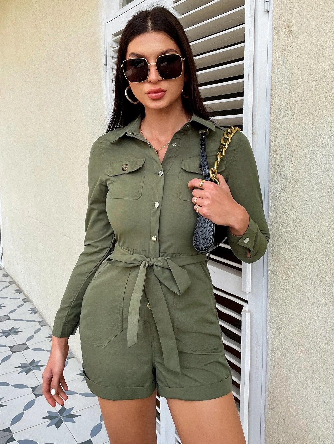 Pocket Roll Up Hem Belted Shirt Romper-Comfy Jumpsuits