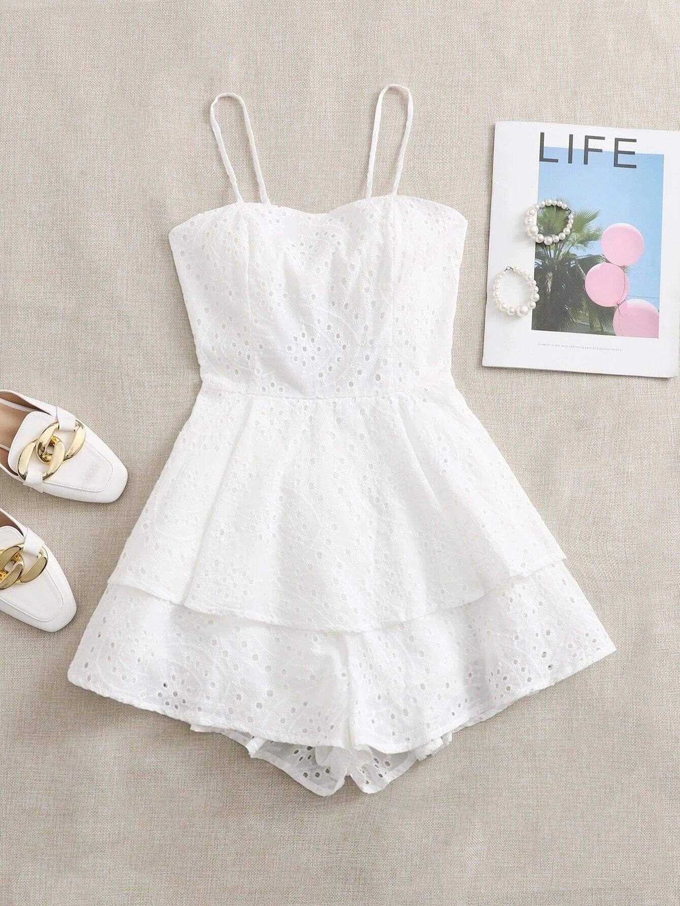 Tie Backless Eyelet Embroidery Romper-Comfy Jumpsuits