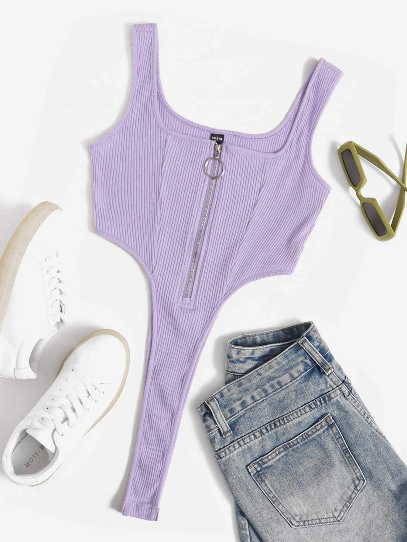 Zipper Front High-cut Hem Tank Bodysuit-Comfy Jumpsuits