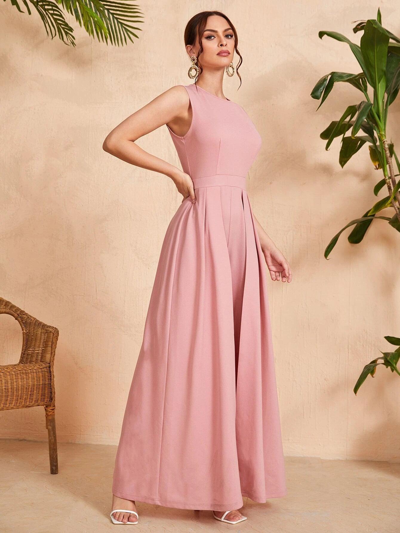 Solid Coloured Zipper Back Jumpsuit-Comfy Jumpsuits