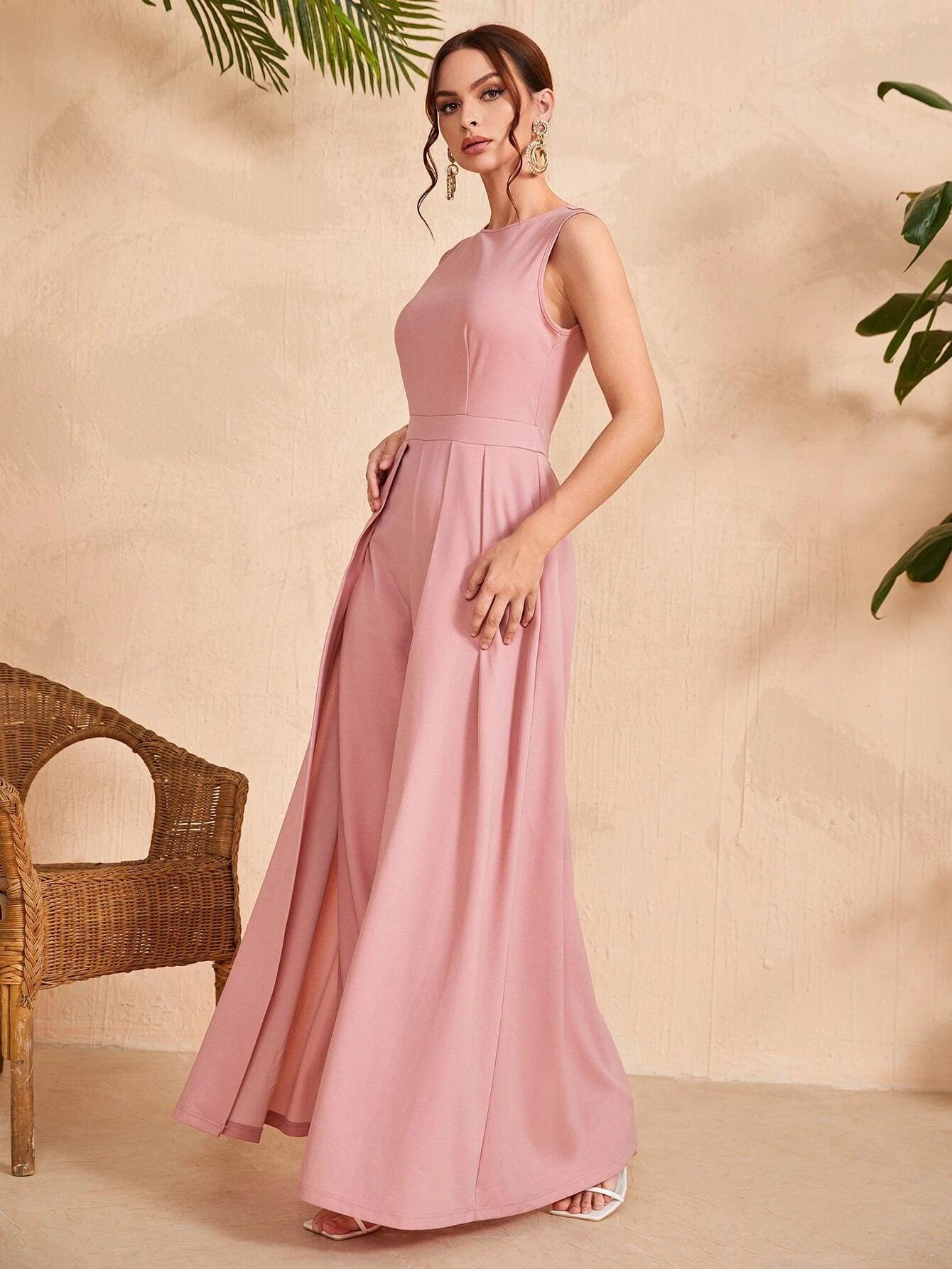 Solid Coloured Zipper Back Jumpsuit-Comfy Jumpsuits