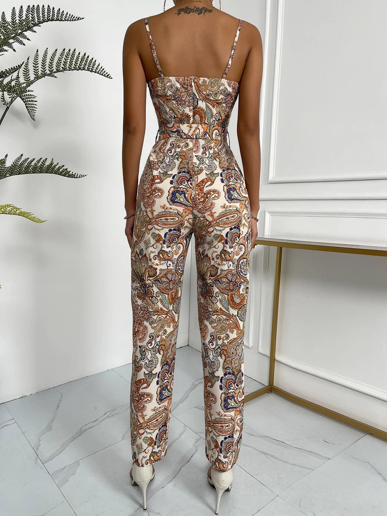 Print Surplice Neck Belted Cami Jumpsuit-Comfy Jumpsuits