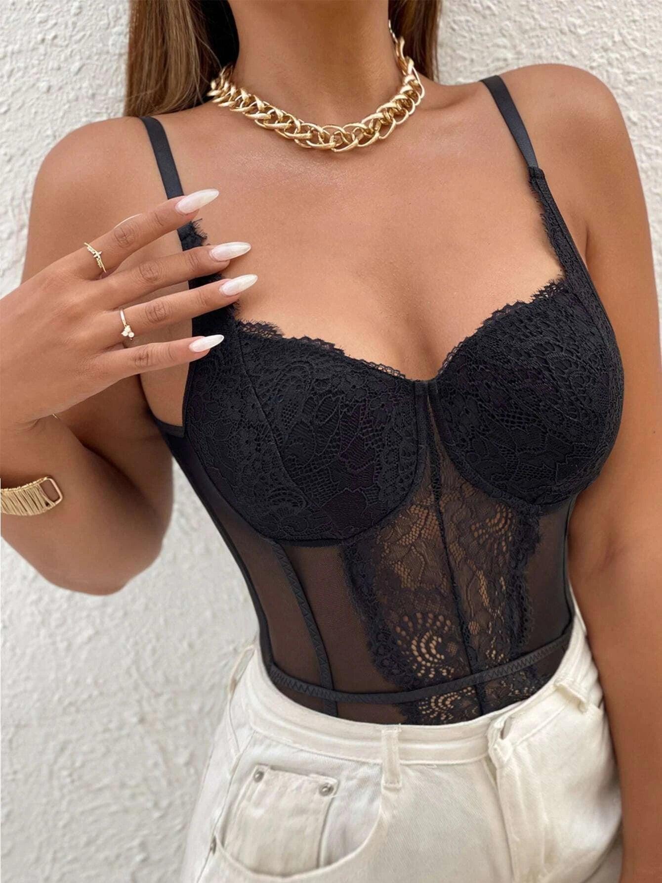 Lace Insert Mesh Bodysuit-Comfy Jumpsuits