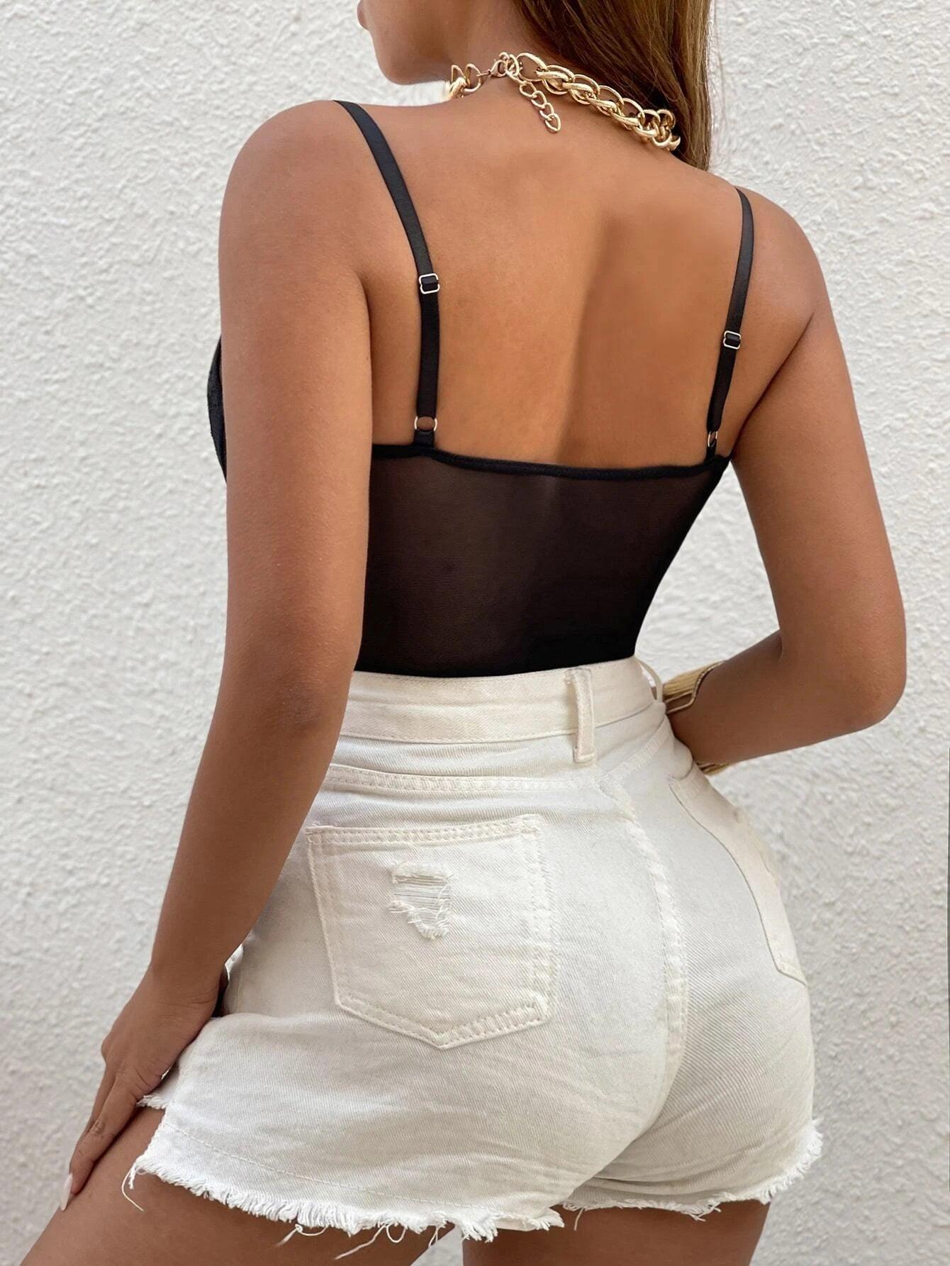 Lace Insert Mesh Bodysuit-Comfy Jumpsuits