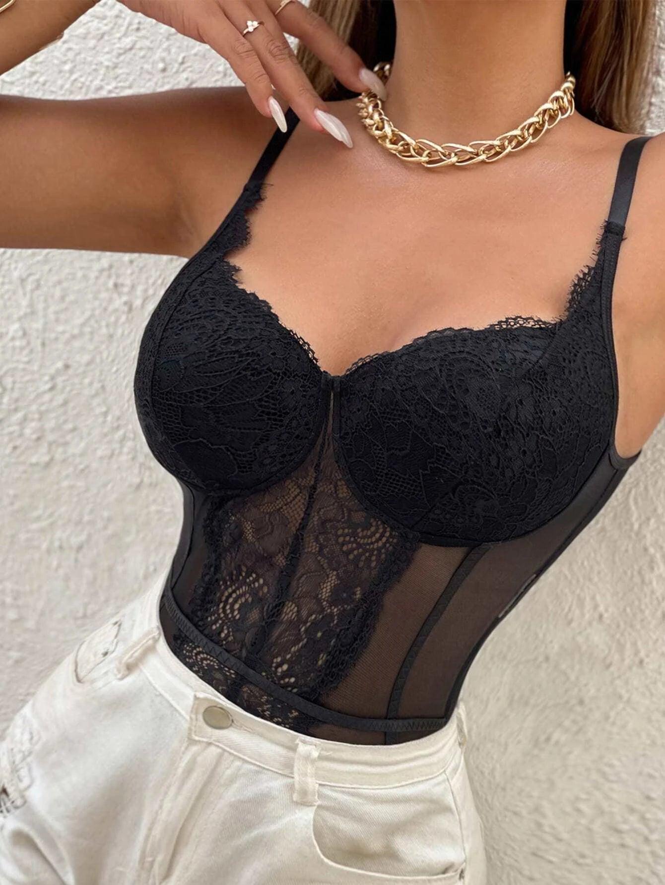 Lace Insert Mesh Bodysuit-Comfy Jumpsuits