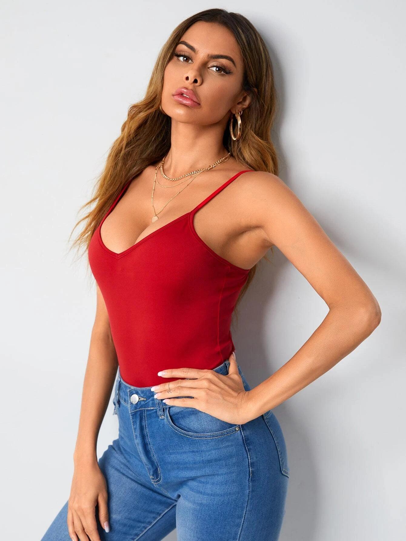Solid Cheeky Cami Bodysuit-Comfy Jumpsuits