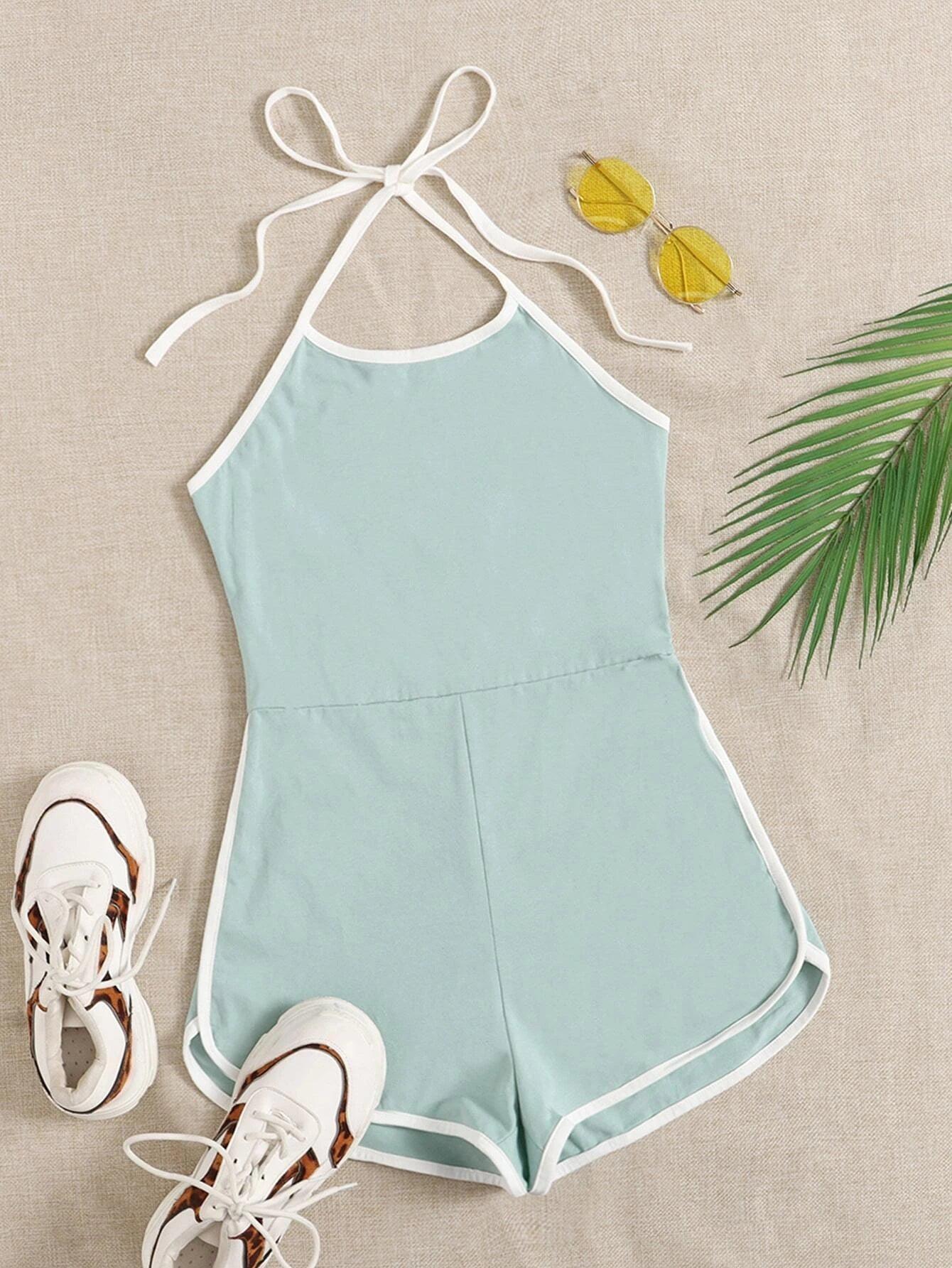 Contrast Binding Halter Romper-Comfy Jumpsuits