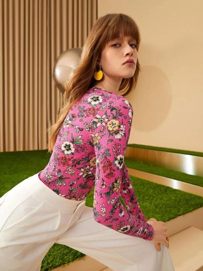 Floral Print Long Sleeve Bodysuit-Comfy Jumpsuits