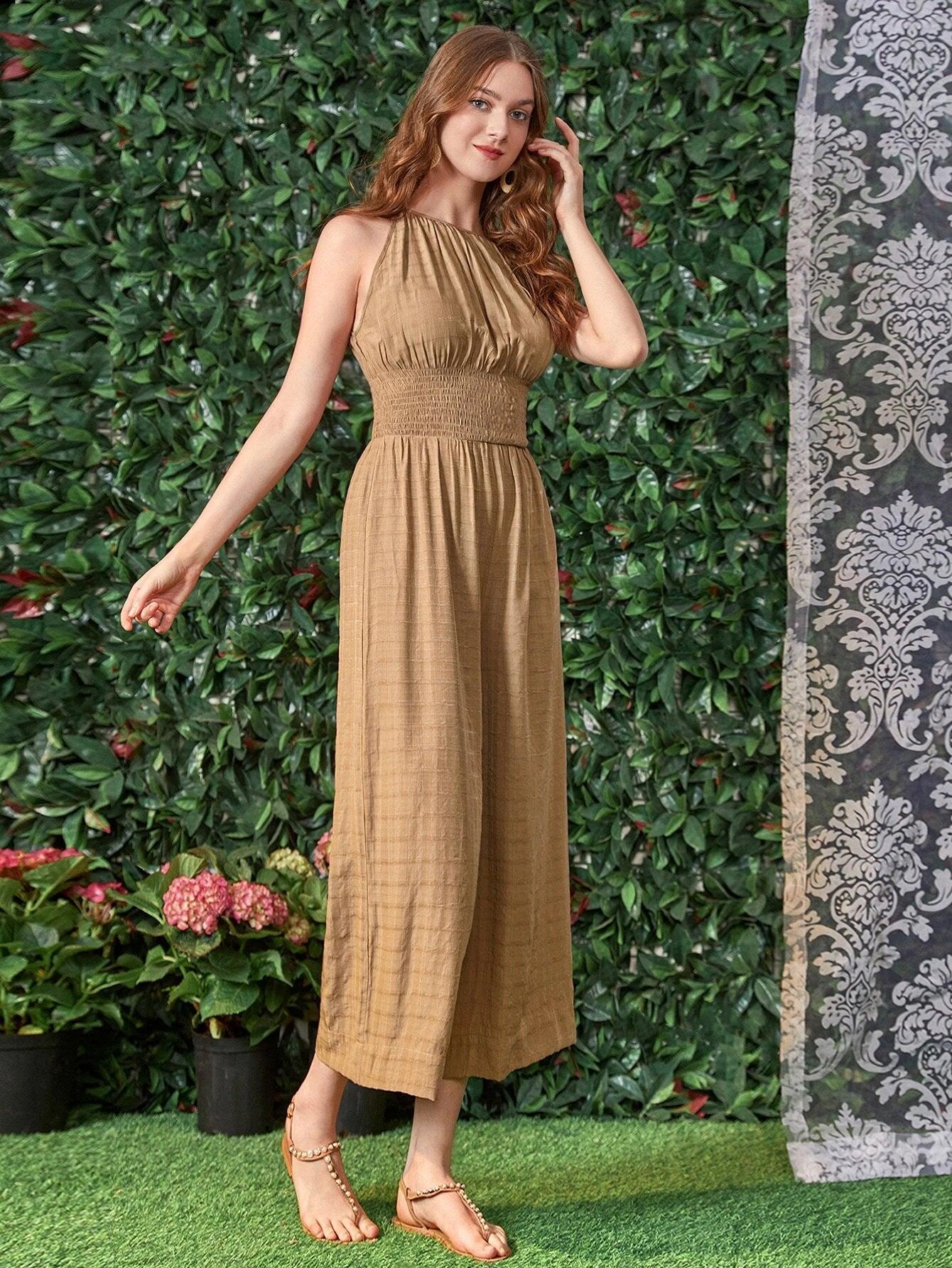 Solid Shirred Wide Leg Jumpsuit-Comfy Jumpsuits