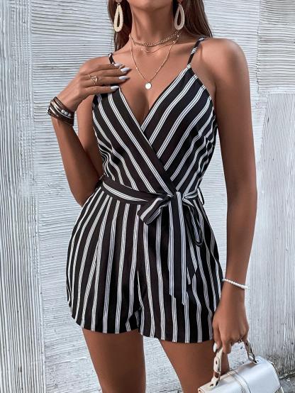 Striped Cami Romper With Belt-Comfy Jumpsuits