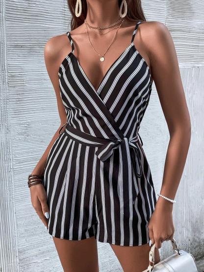 Striped Cami Romper With Belt-Comfy Jumpsuits