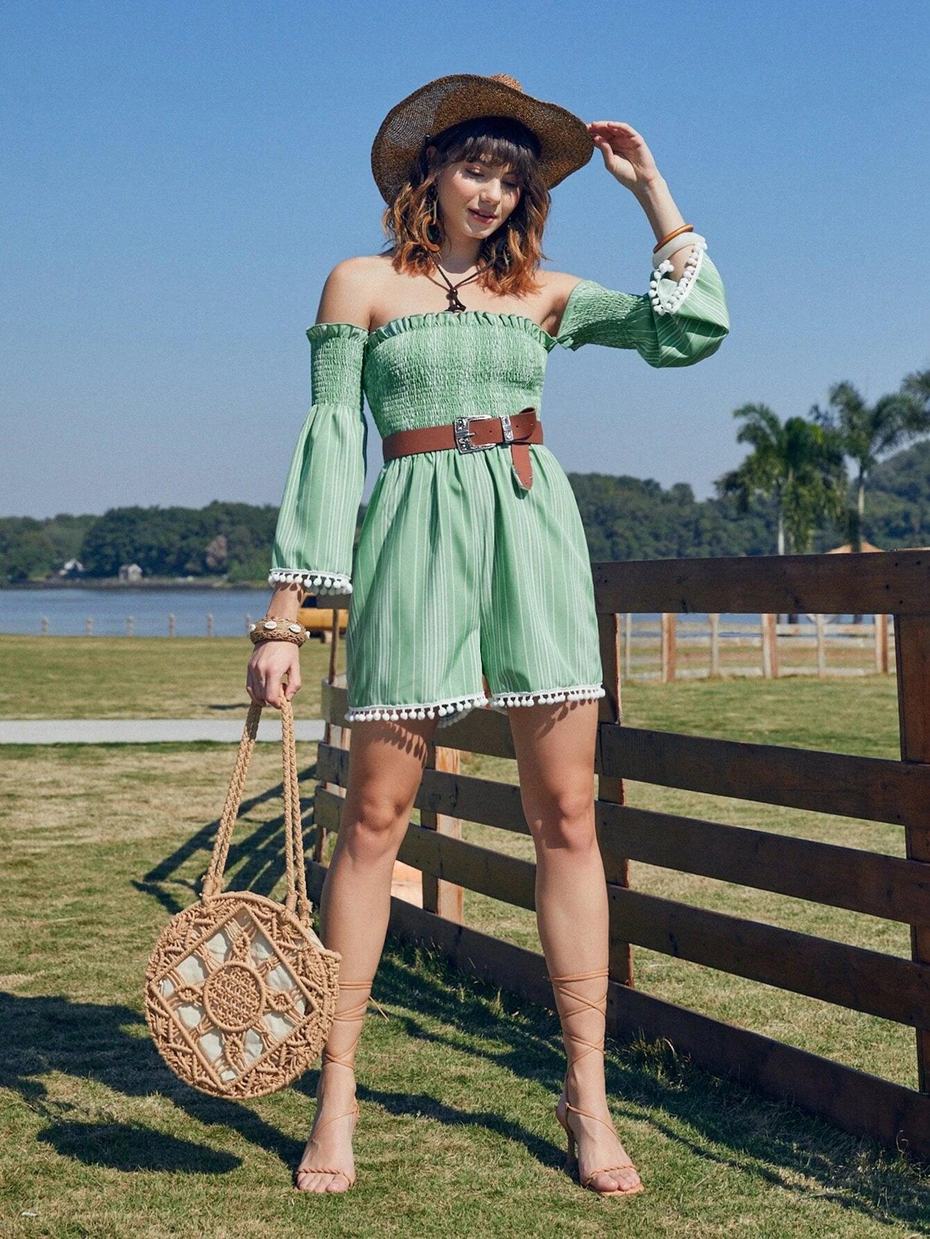 Off Shoulder Striped Hem Jumpsuit Without Belt-Comfy Jumpsuits