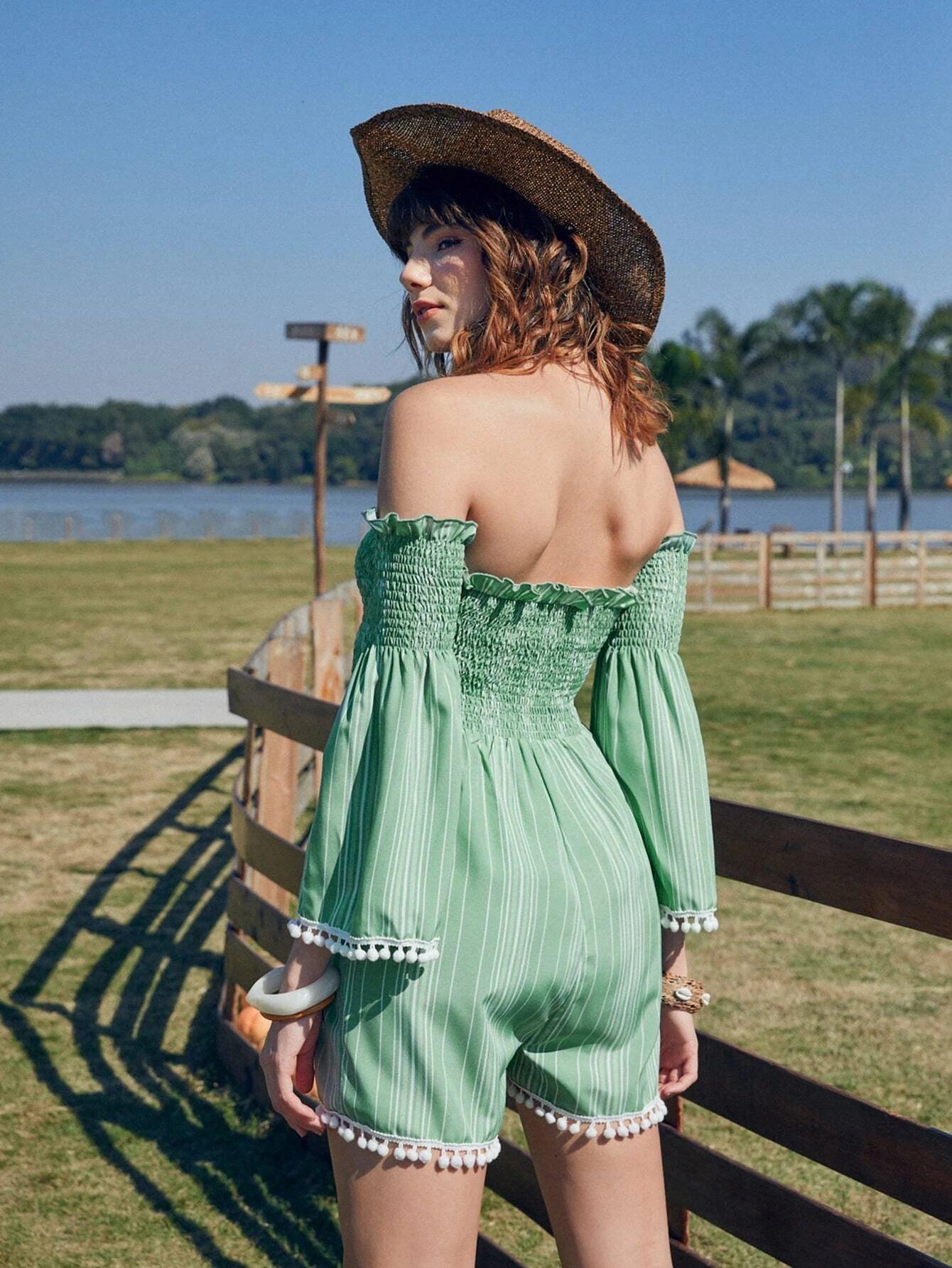 Off Shoulder Striped Hem Jumpsuit Without Belt-Comfy Jumpsuits