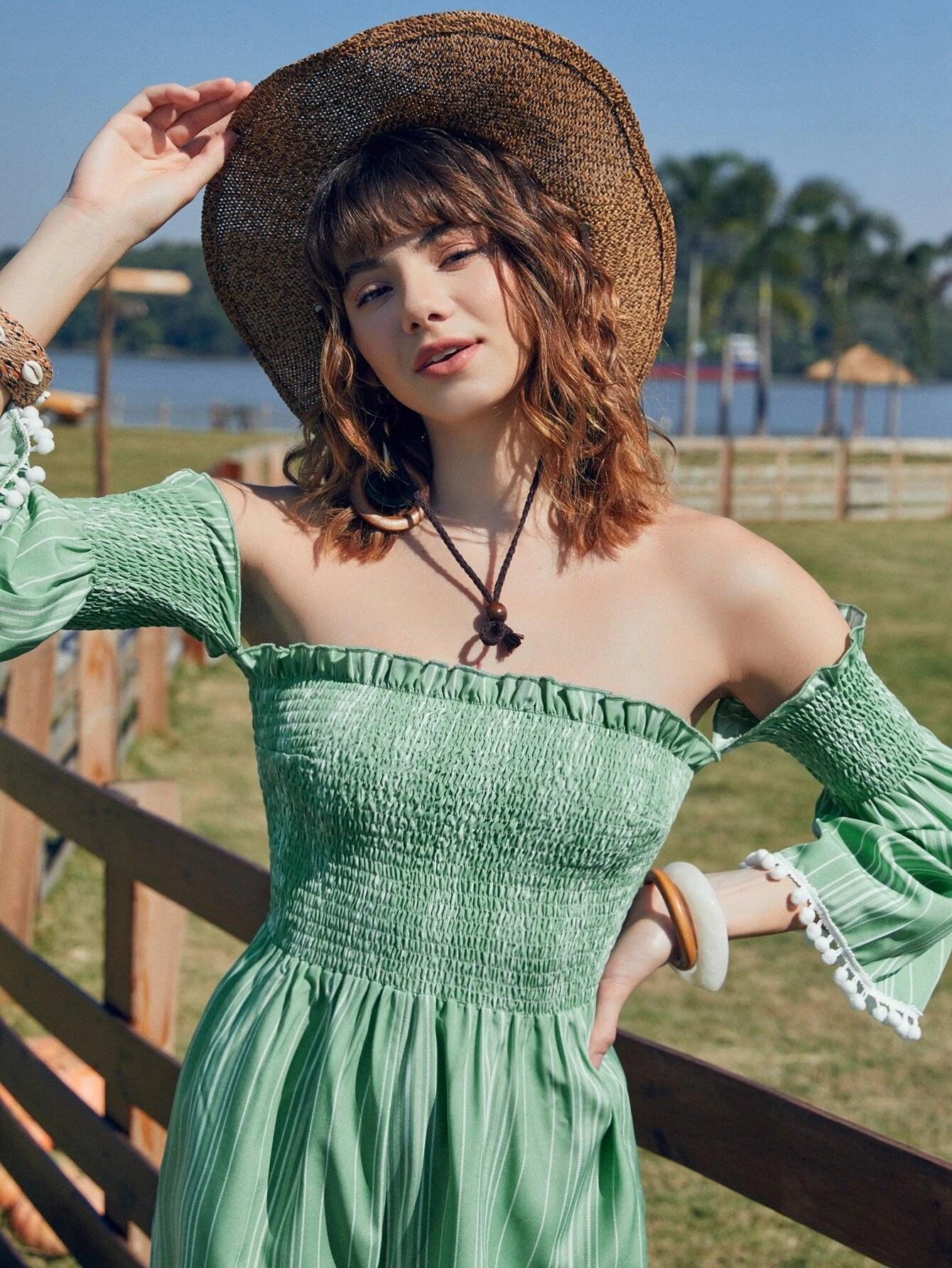 Off Shoulder Striped Hem Jumpsuit Without Belt-Comfy Jumpsuits