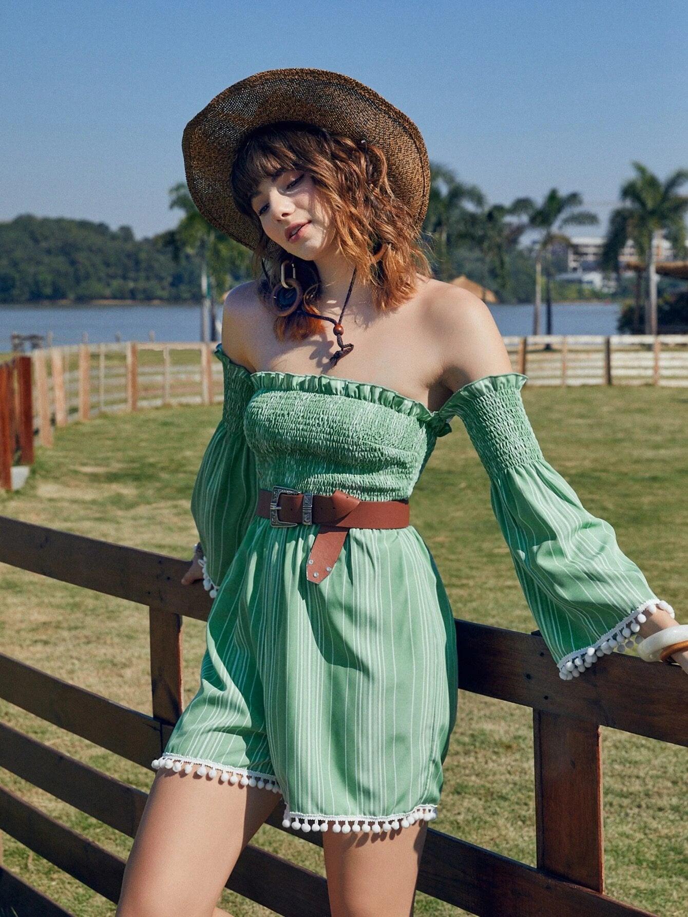 Off Shoulder Striped Hem Jumpsuit Without Belt-Comfy Jumpsuits