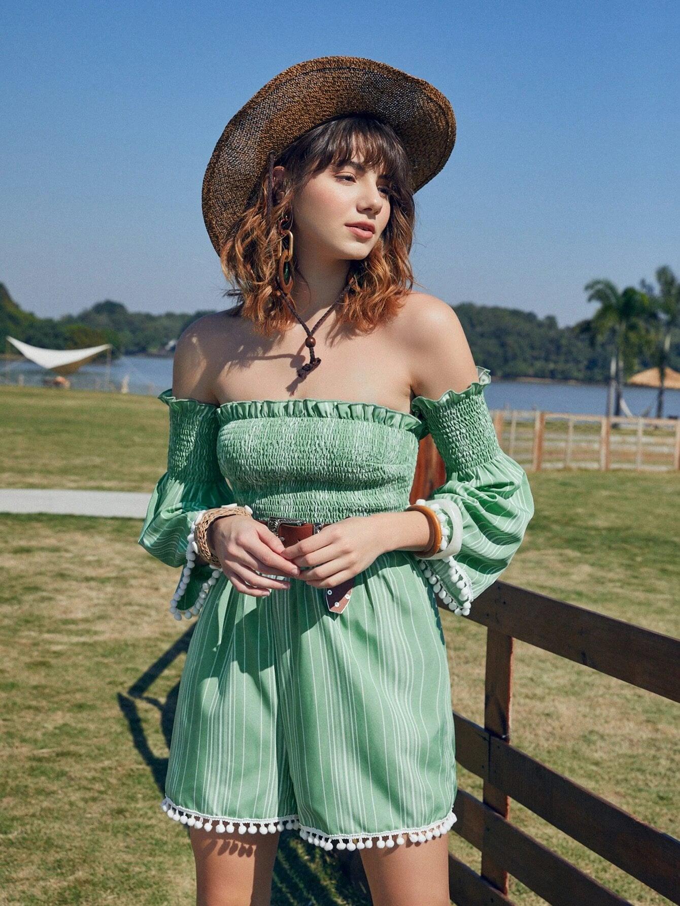 Off Shoulder Striped Hem Jumpsuit Without Belt-Comfy Jumpsuits