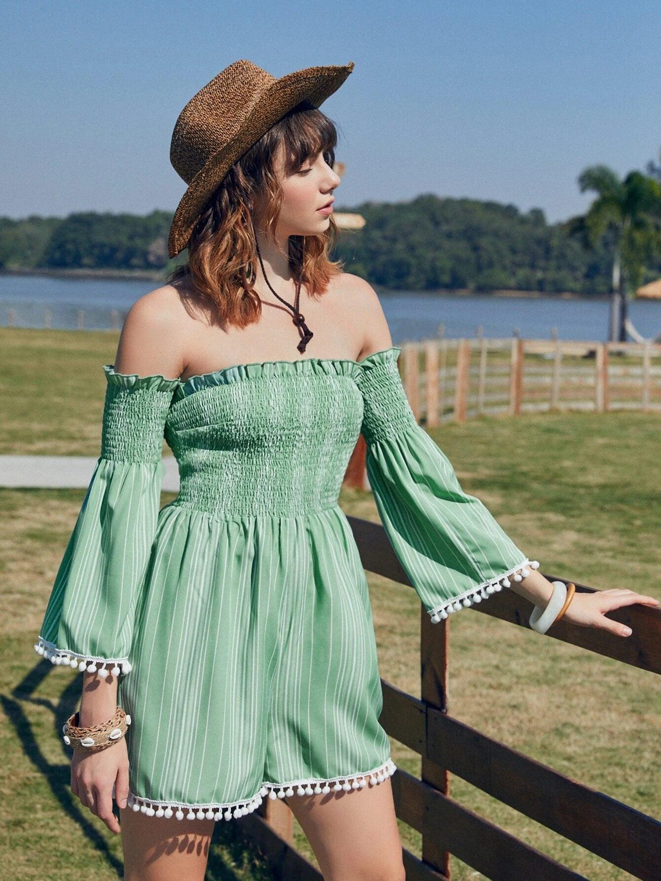 Off Shoulder Striped Hem Jumpsuit Without Belt-Comfy Jumpsuits