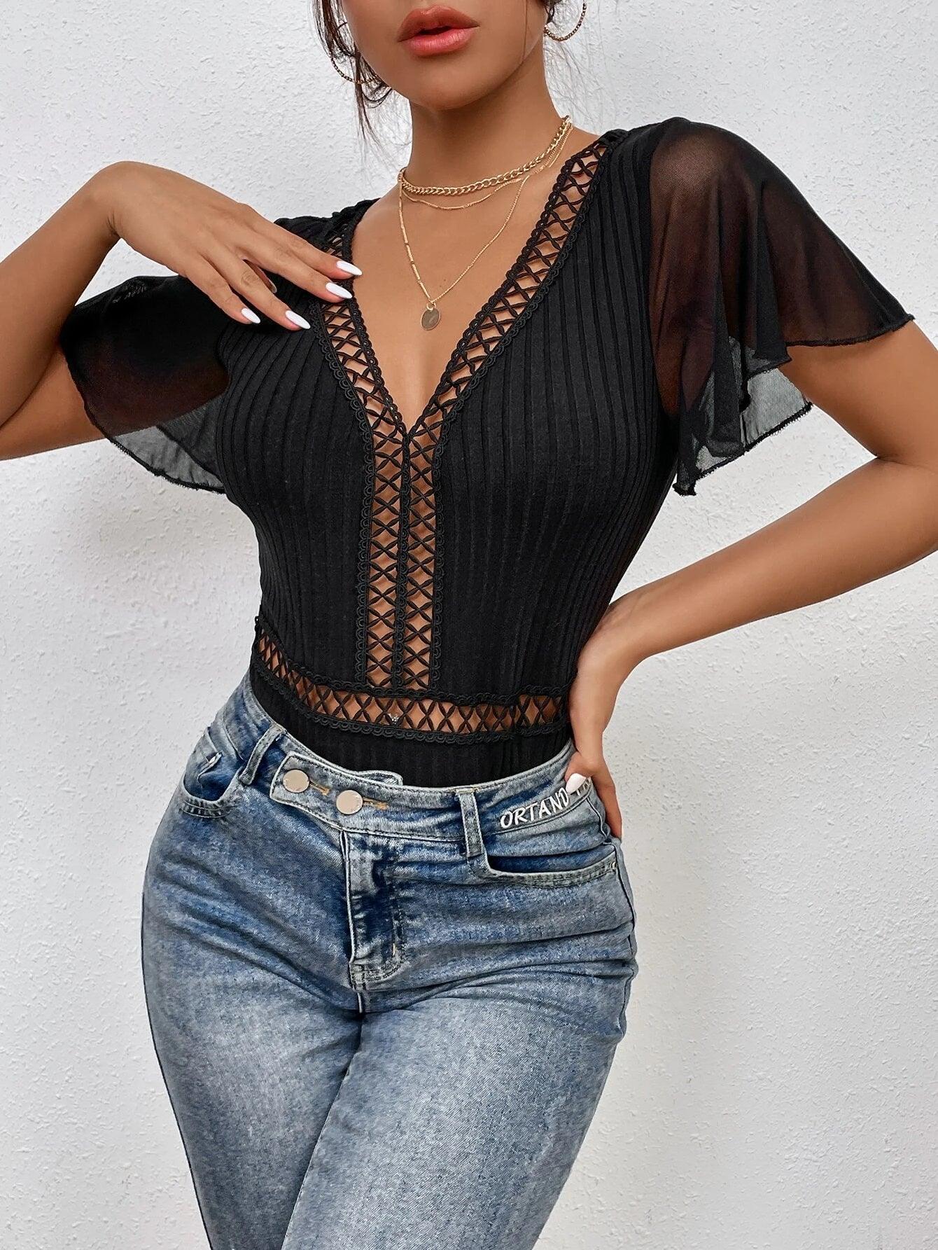 Contrast Mesh Flutter Sleeve Bodysuit-Comfy Jumpsuits