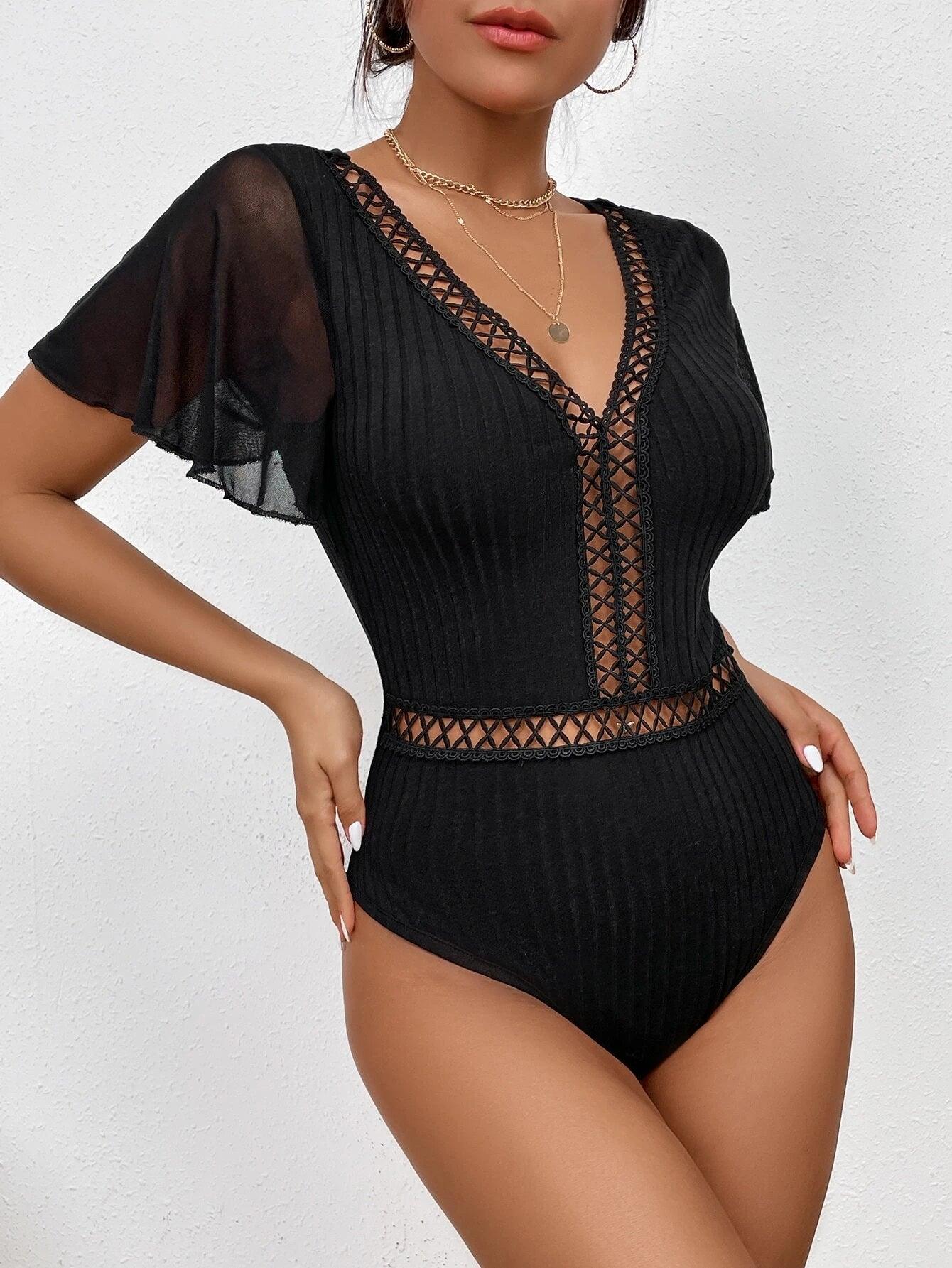 Contrast Mesh Flutter Sleeve Bodysuit-Comfy Jumpsuits