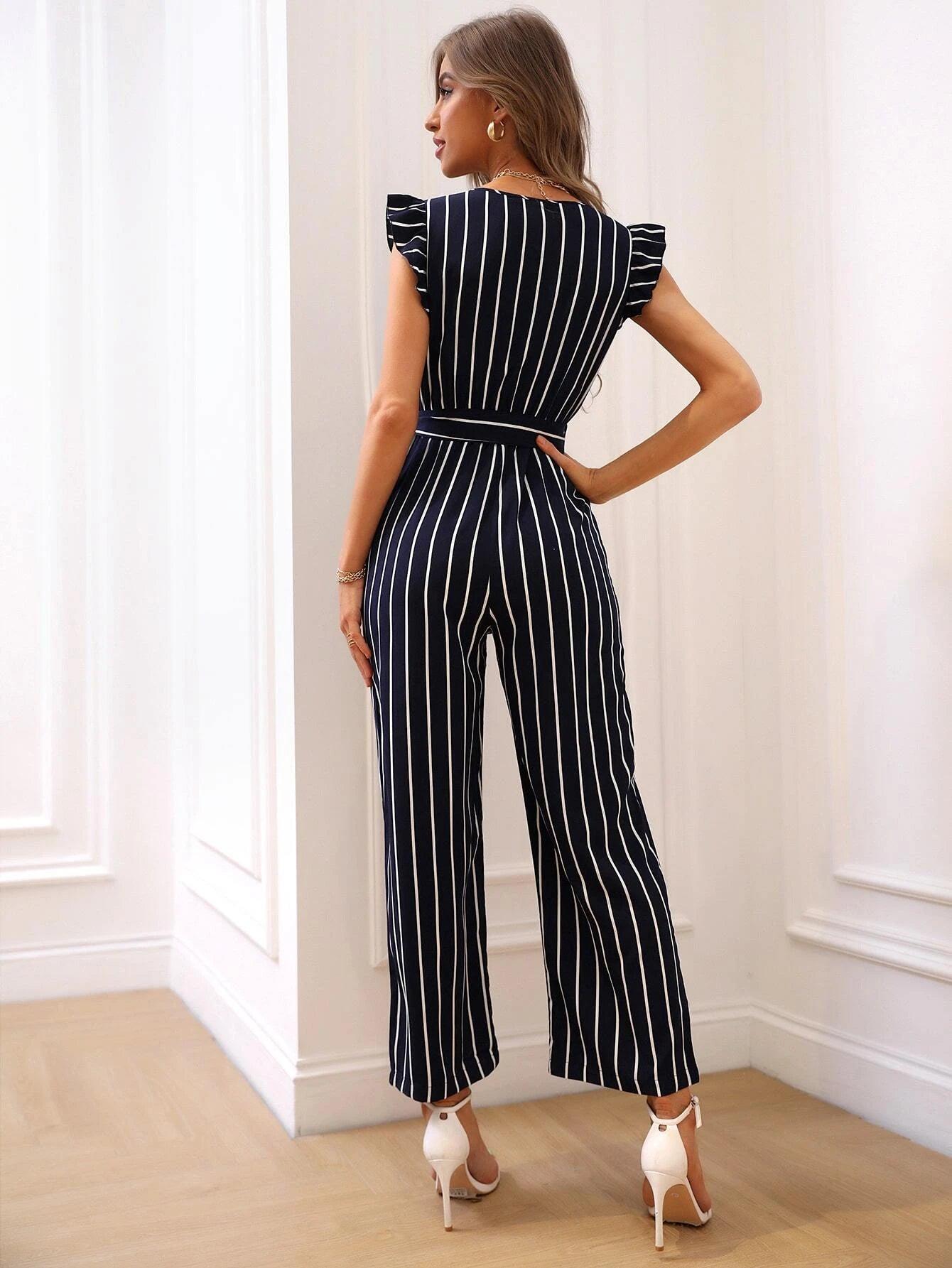 Striped Pattern Belted Jumpsuit-Comfy Jumpsuits