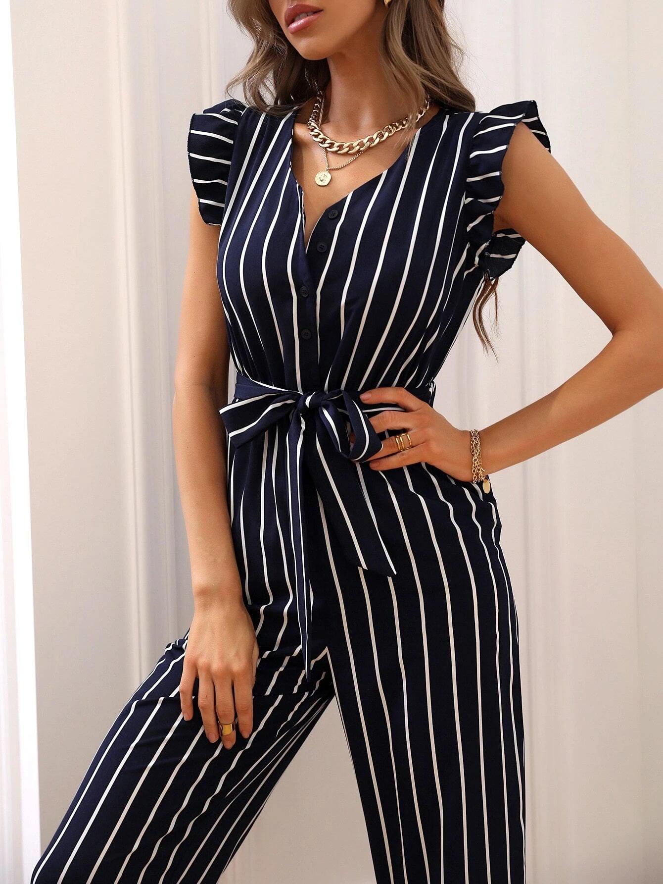 Striped Pattern Belted Jumpsuit-Comfy Jumpsuits