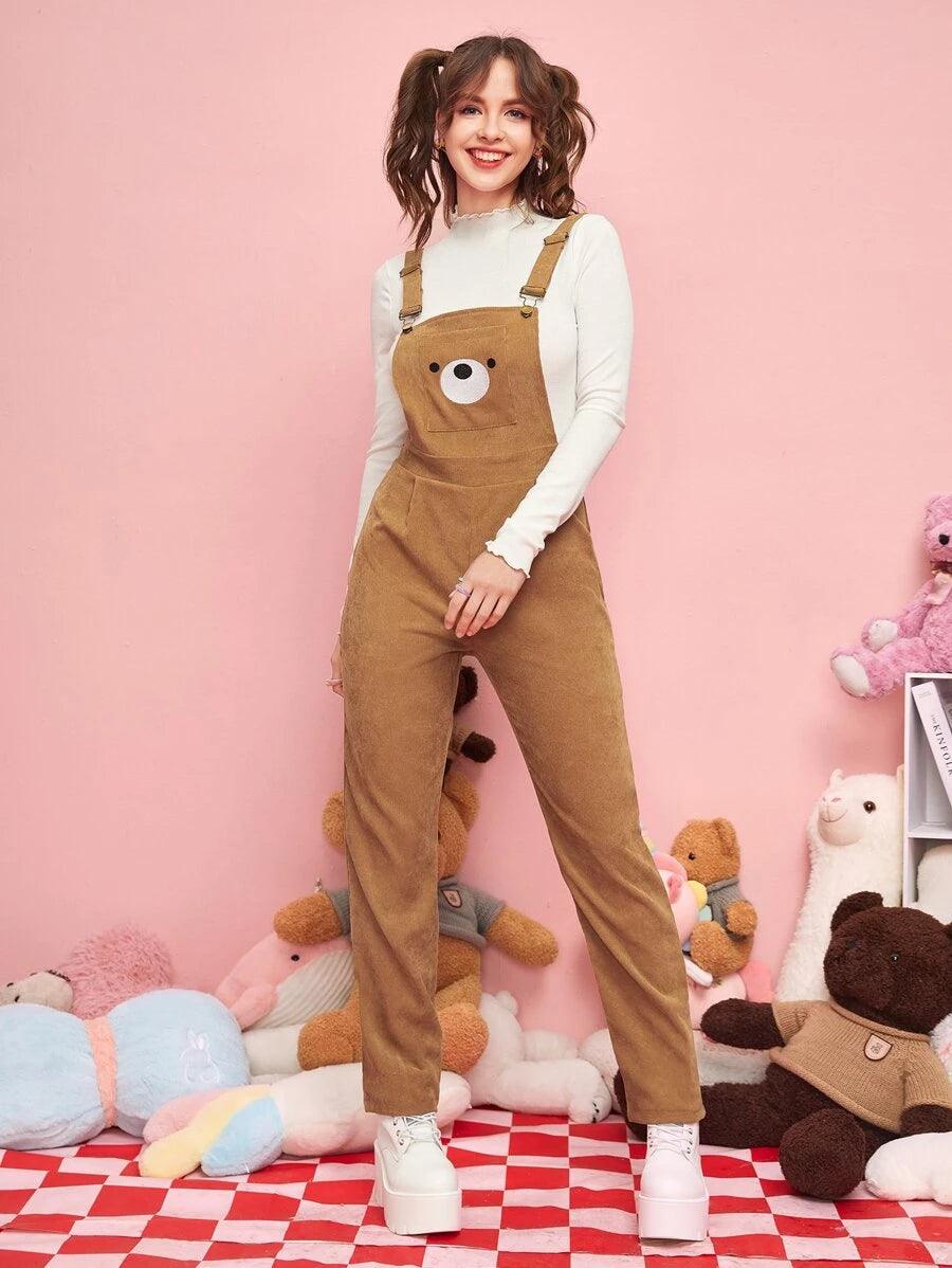 Cartoon Graphic Pocket Corduroy Jumpsuit-Comfy Jumpsuits