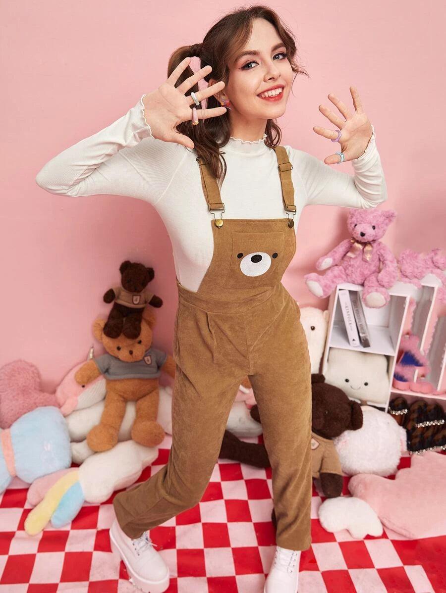 Cartoon Graphic Pocket Corduroy Jumpsuit-Comfy Jumpsuits