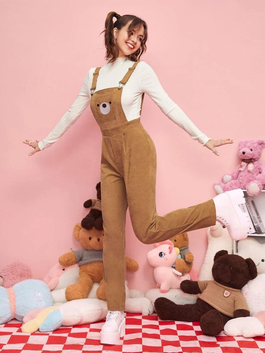 Cartoon Graphic Pocket Corduroy Jumpsuit-Comfy Jumpsuits