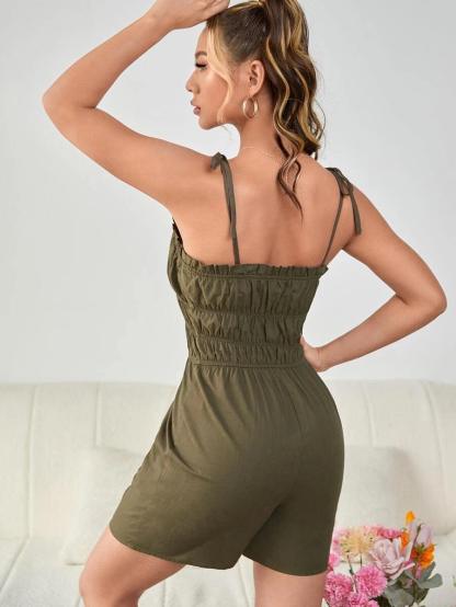 Knot Strap Frill Trim Cami Romper-Comfy Jumpsuits
