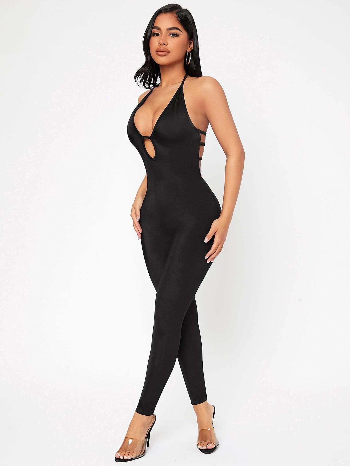 Halter Neckline Backless Unitard Jumpsuit-Comfy Jumpsuits
