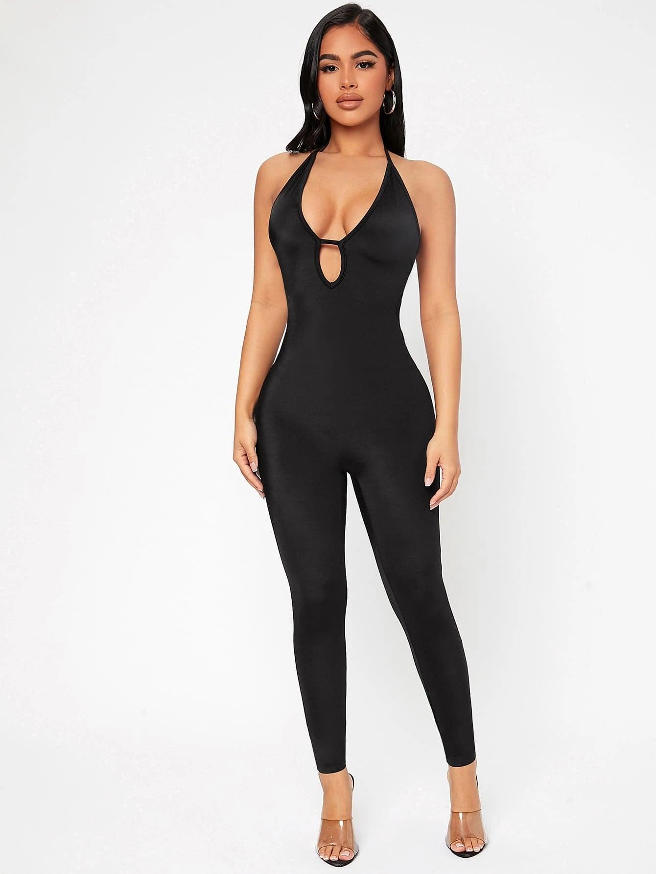 Halter Neckline Backless Unitard Jumpsuit-Comfy Jumpsuits