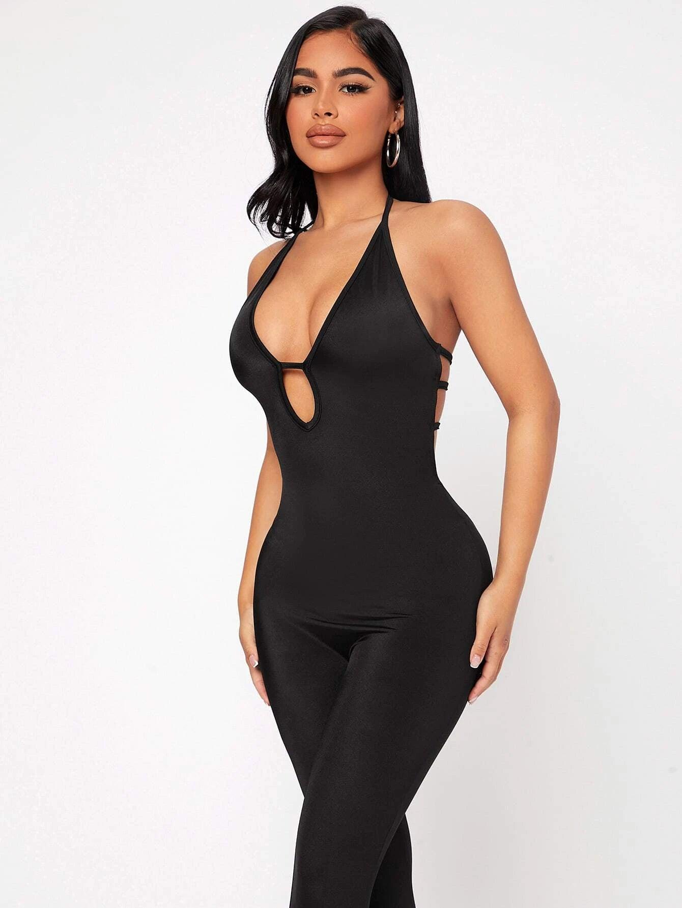 Halter Neckline Backless Unitard Jumpsuit-Comfy Jumpsuits