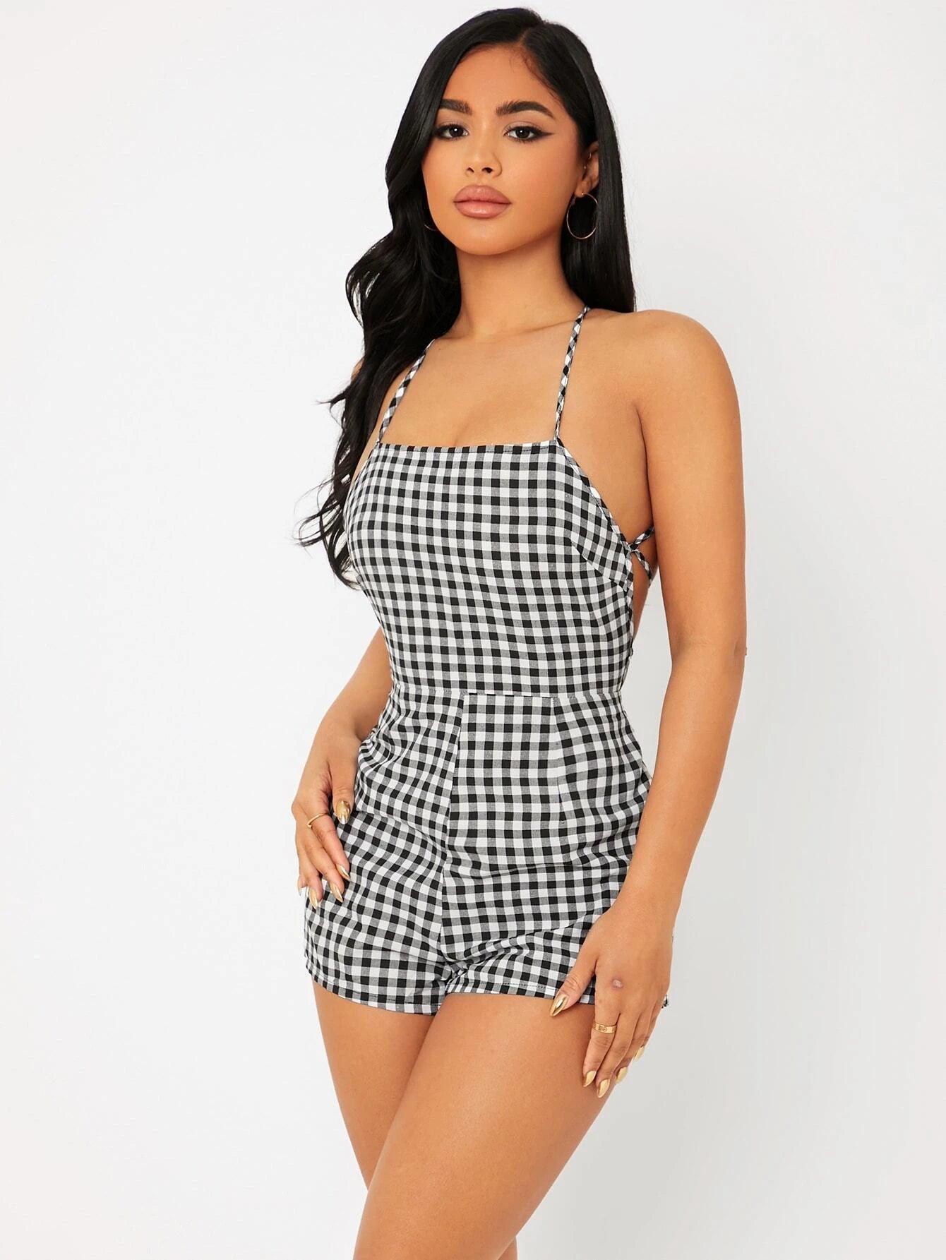 Print Lace Up Backless Slip Romper-Comfy Jumpsuits