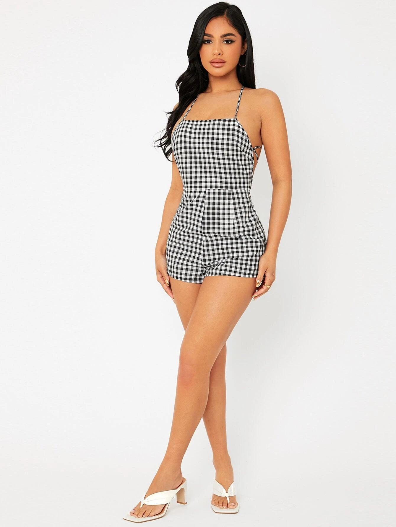 Print Lace Up Backless Slip Romper-Comfy Jumpsuits