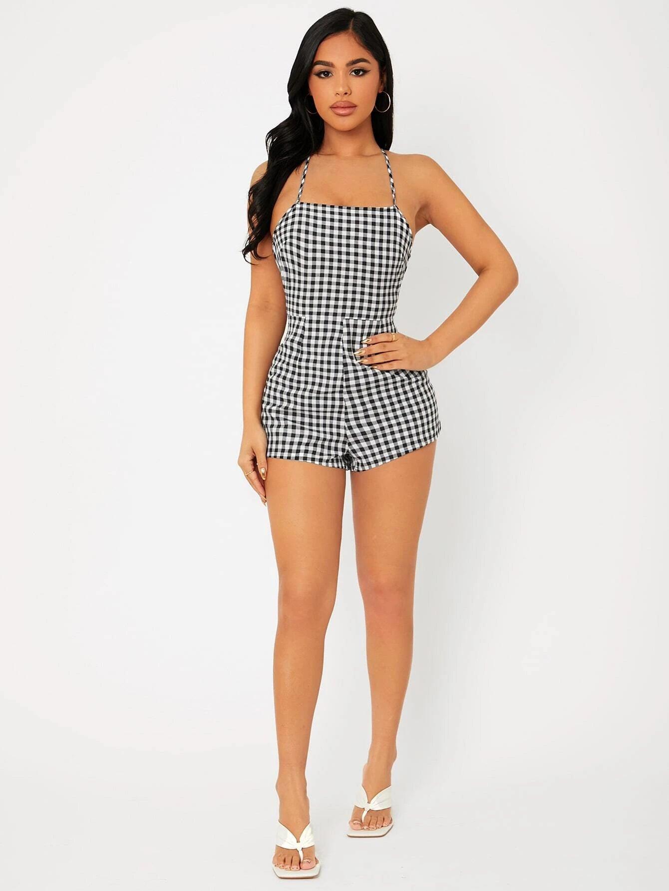 Print Lace Up Backless Slip Romper-Comfy Jumpsuits